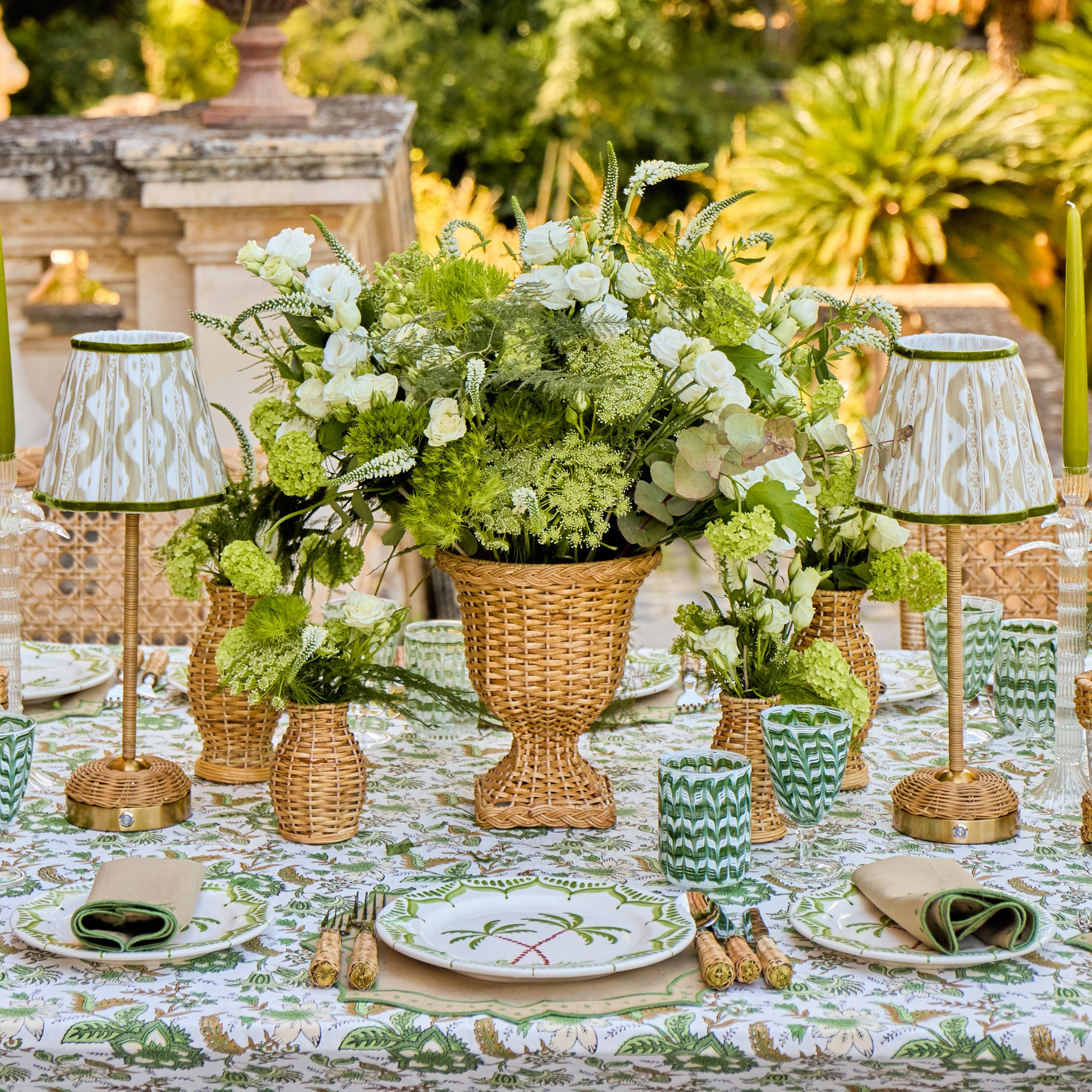 Rattan Ida Rechargeable Lamp with Putty & Green Ikat Shade (18cm)
