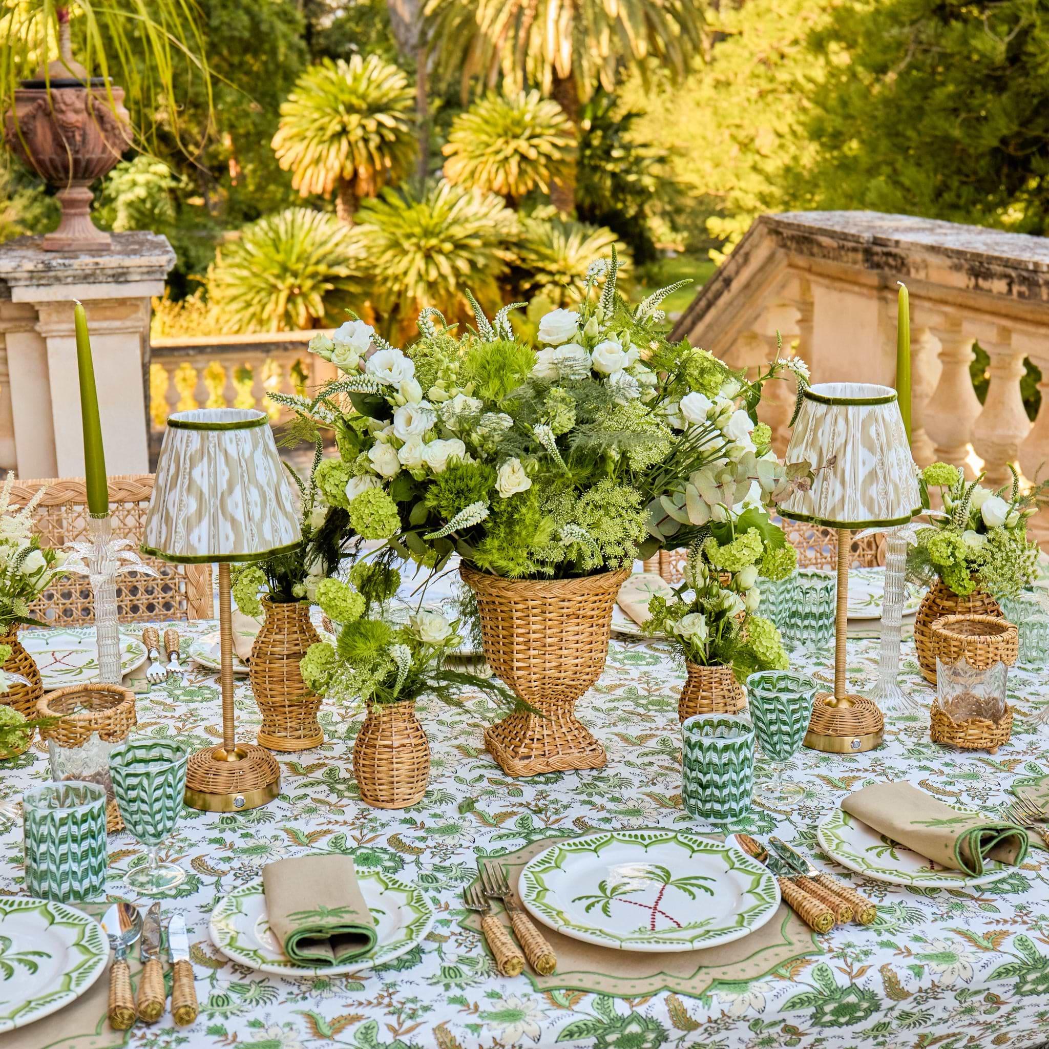 Rattan Ida Rechargeable Lamp with Putty & Green Ikat Shade (18cm)