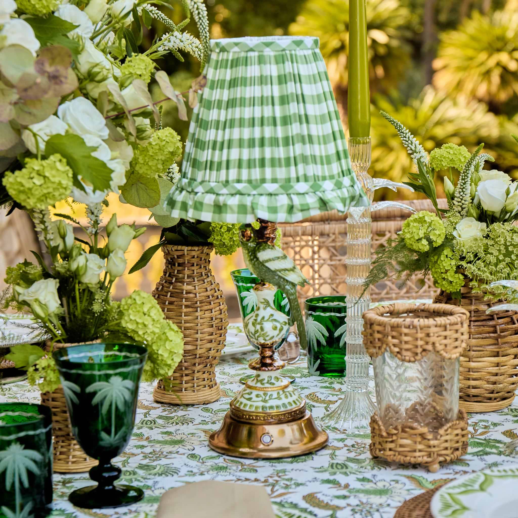 Olive Parrot Rechargeable Lamp with Olive Gingham Ruffle Shade (18cm)