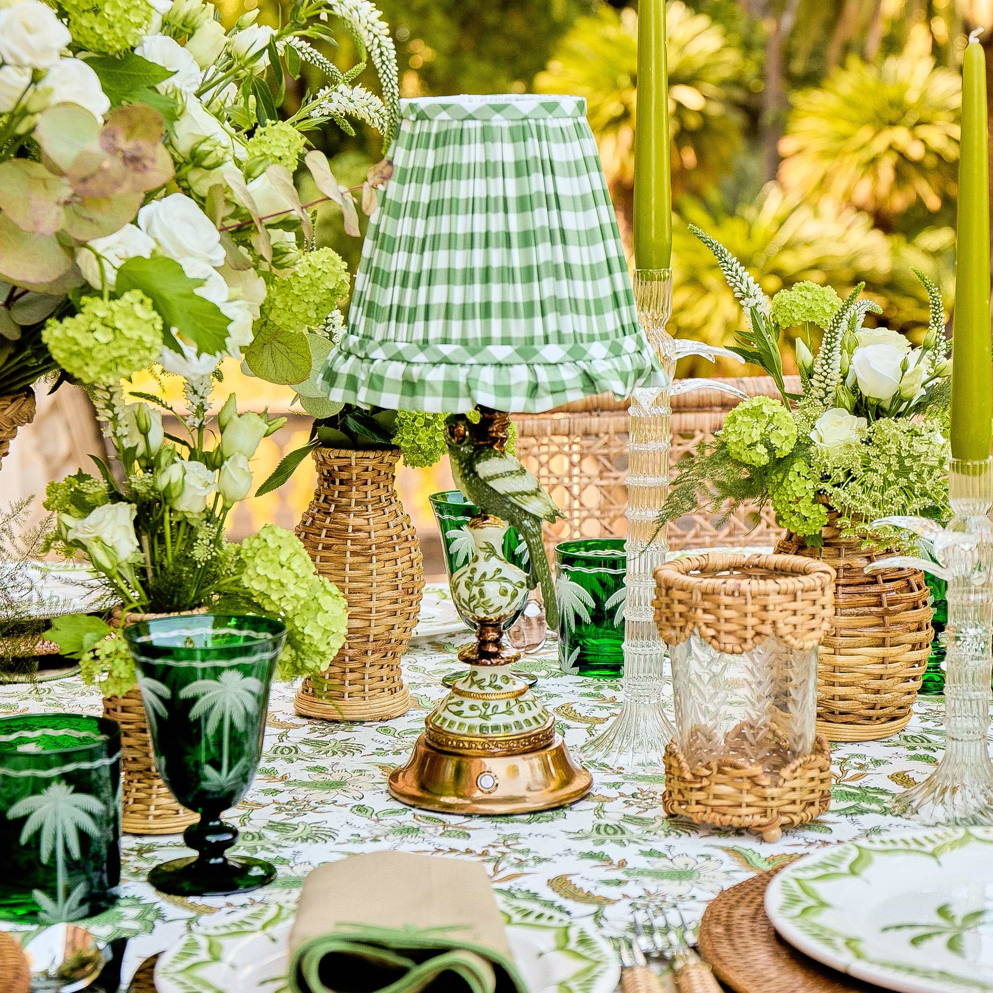Olive Parrot Rechargeable Lamp with Olive Gingham Ruffle Shade (18cm)