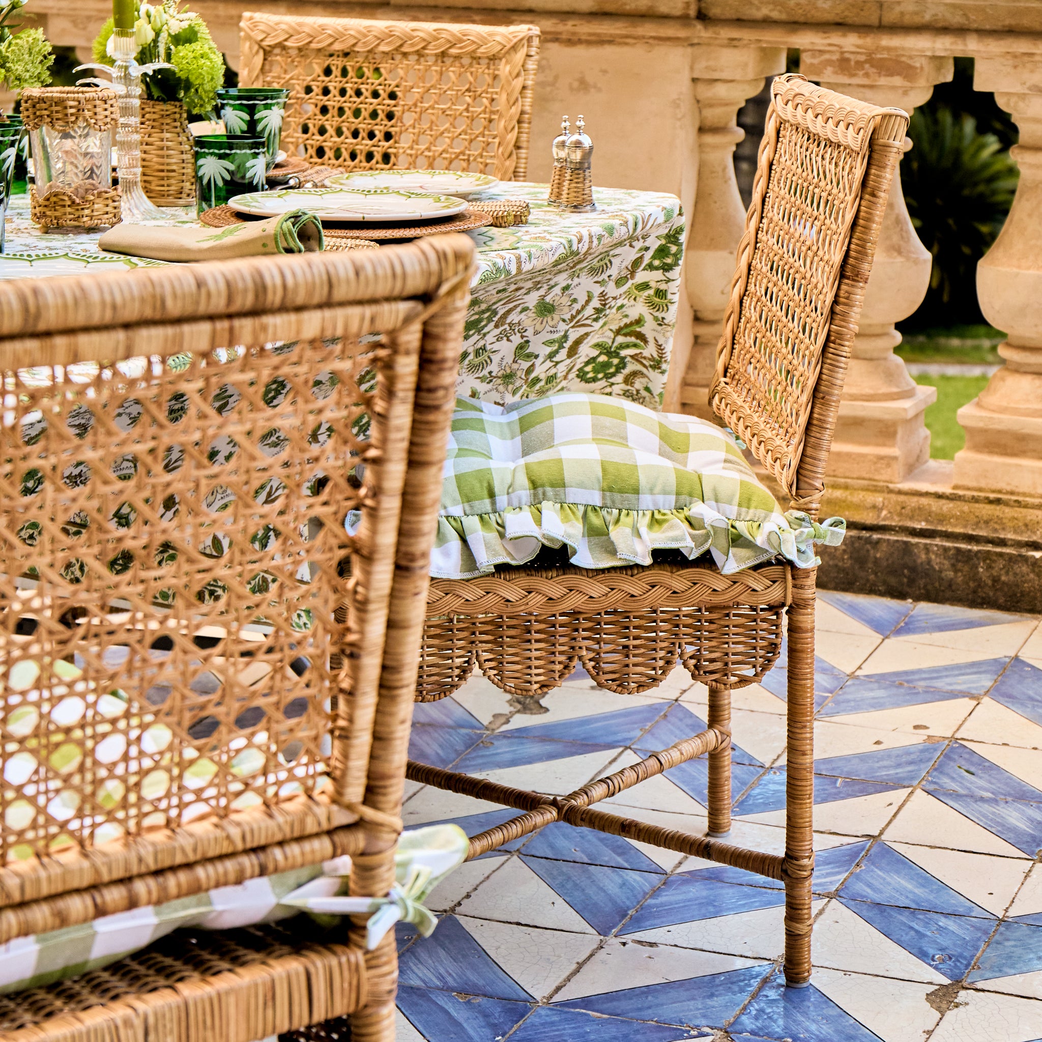Green Gingham Ruffle Seat Pad Cushions (Set of 4)