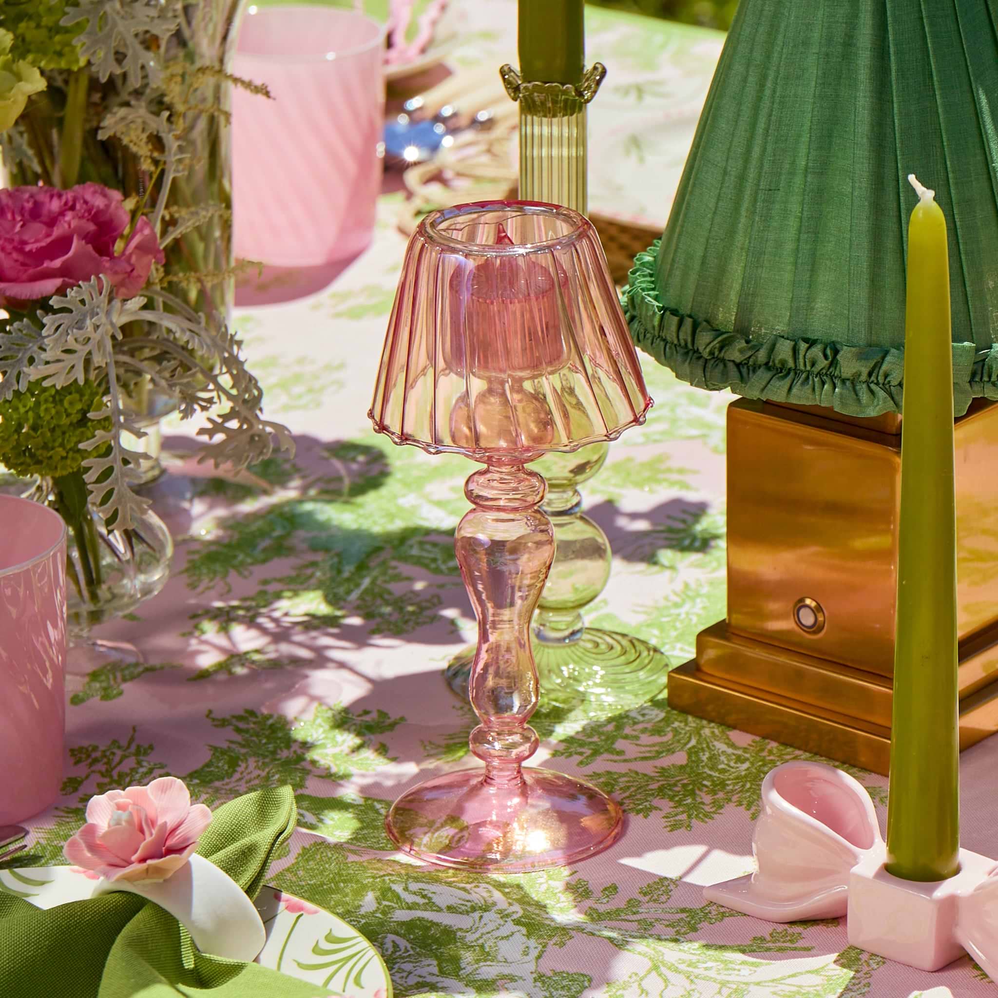 Pink Glass Lantern Tea Light Holder (Pair) - 24cm