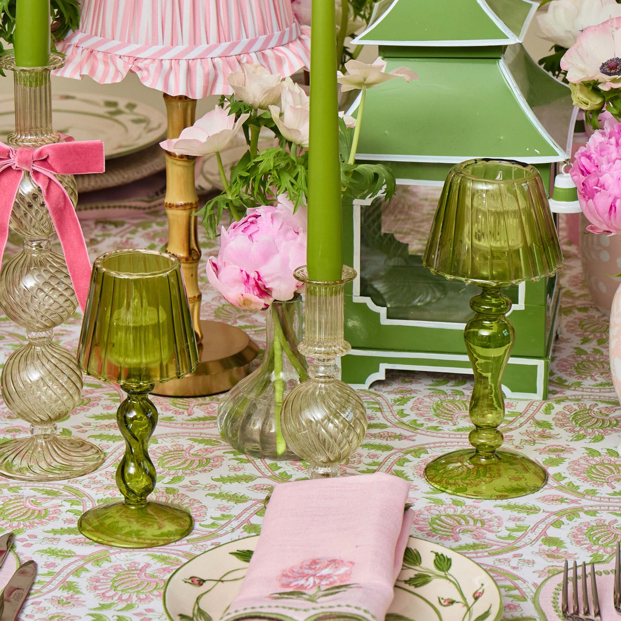Olive Glass Lantern Tea Light Holder Set
