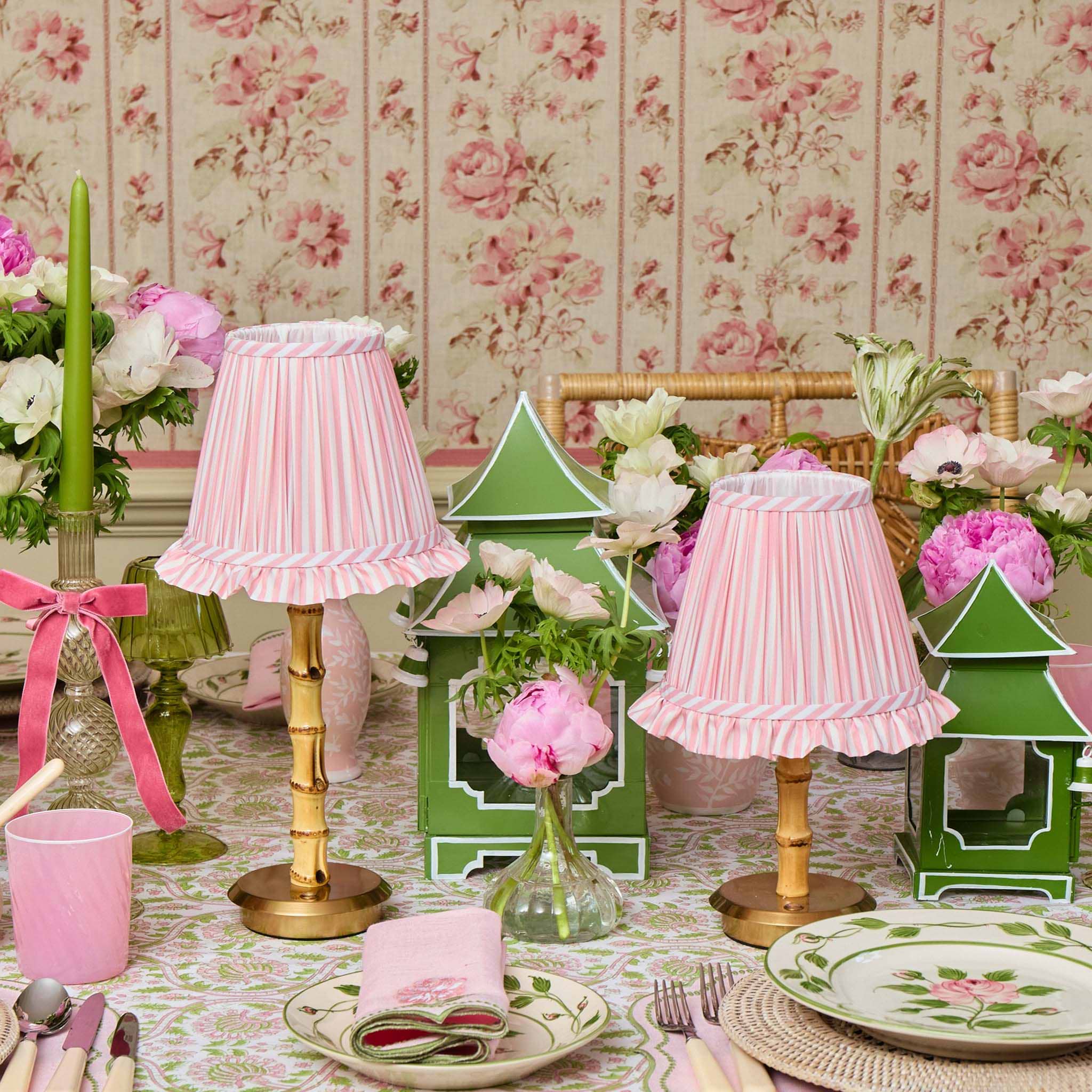 Bamboo Rechargeable Lamp with Pink Stripe Ruffle Shade (18cm)