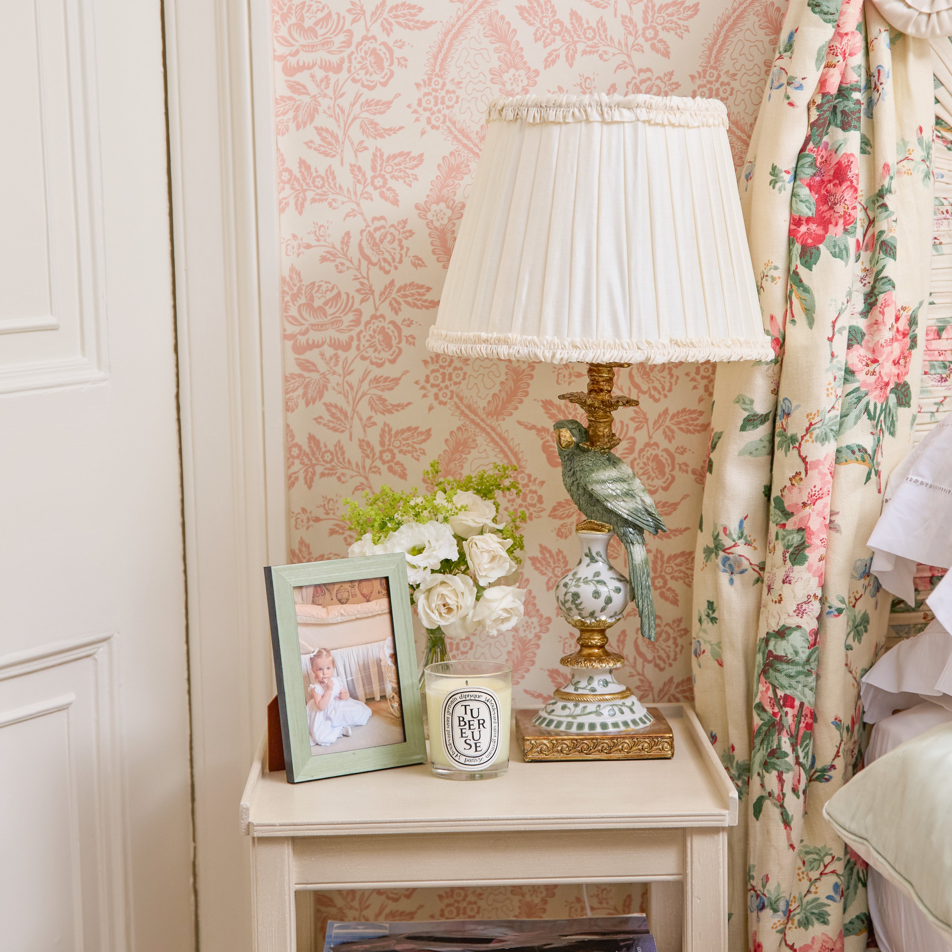 Olive Parrot Lamp with Cream Frilled Silk Shade (30cm)