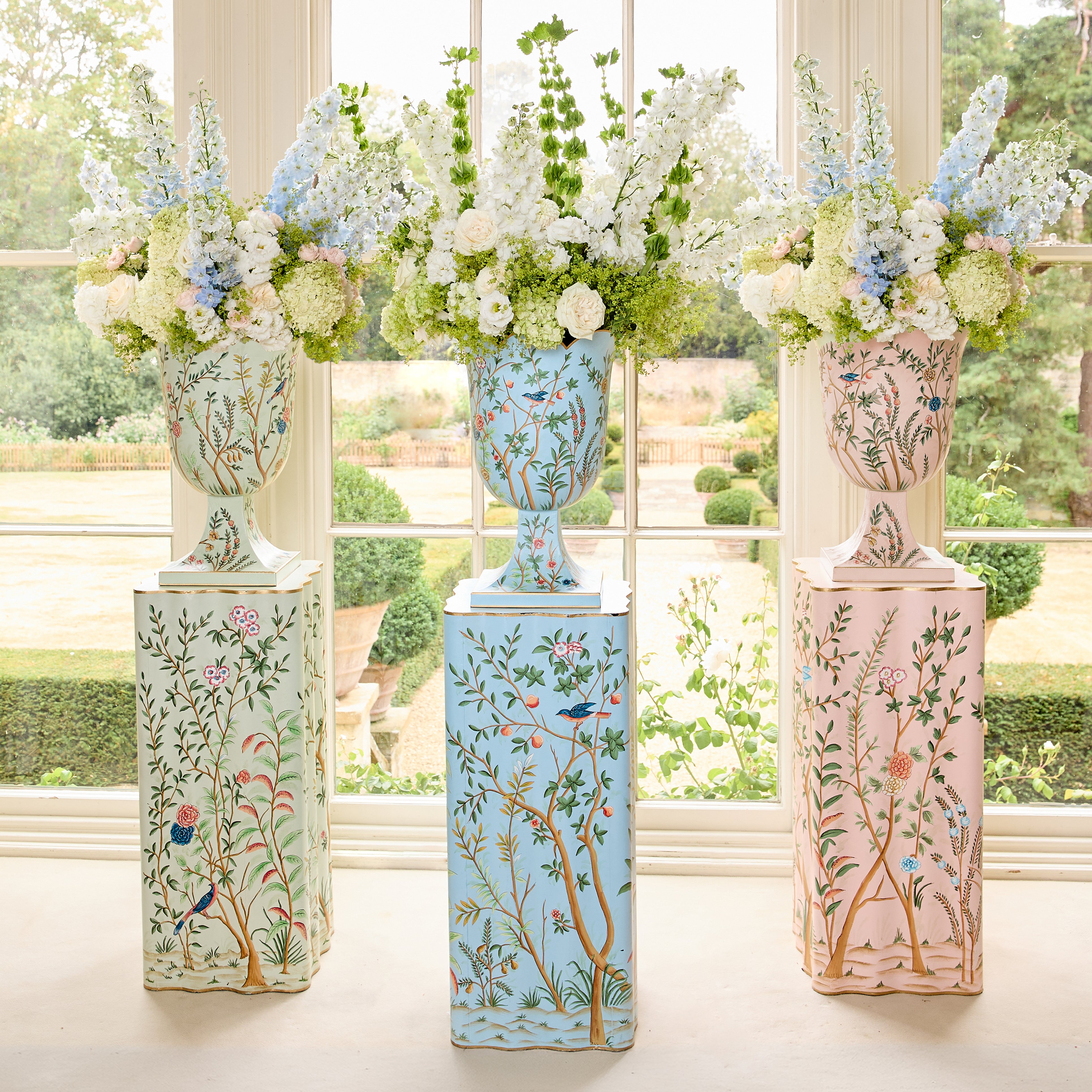 Blue Chinoiserie Tole Urn & Pedestal