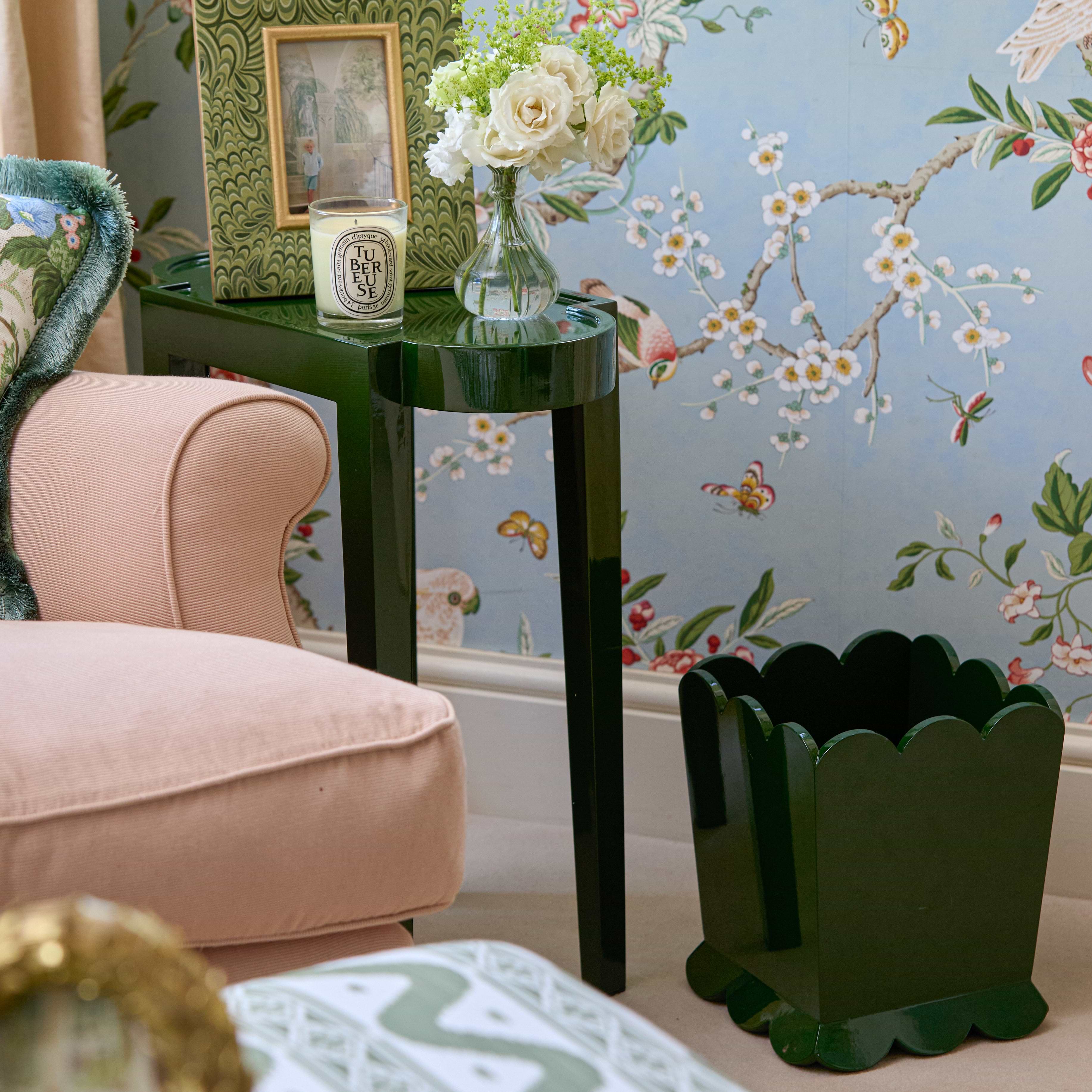 Olive Green Scalloped Lacquer Waste Paper Bin