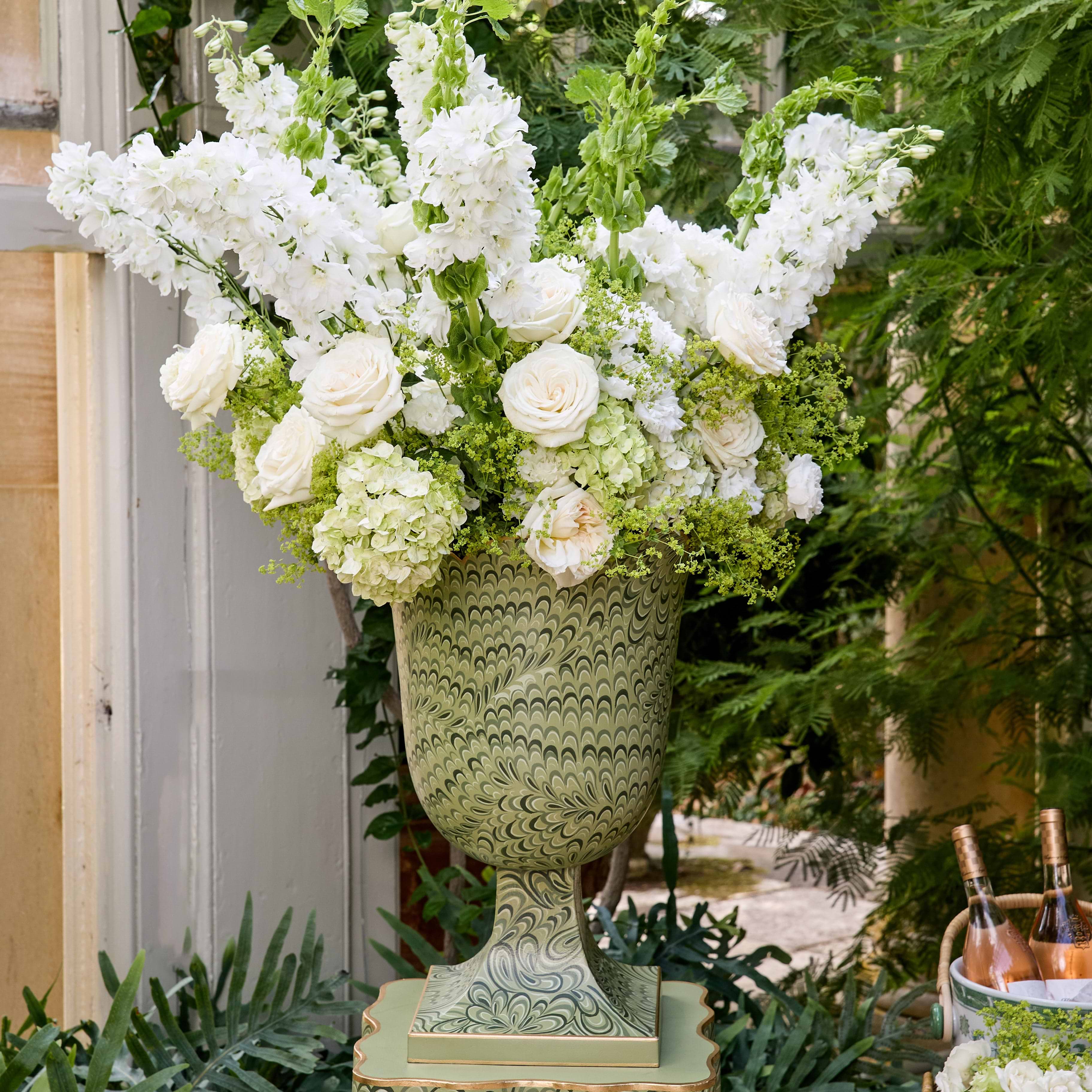 Olive Green Marble Urn & Pedestal