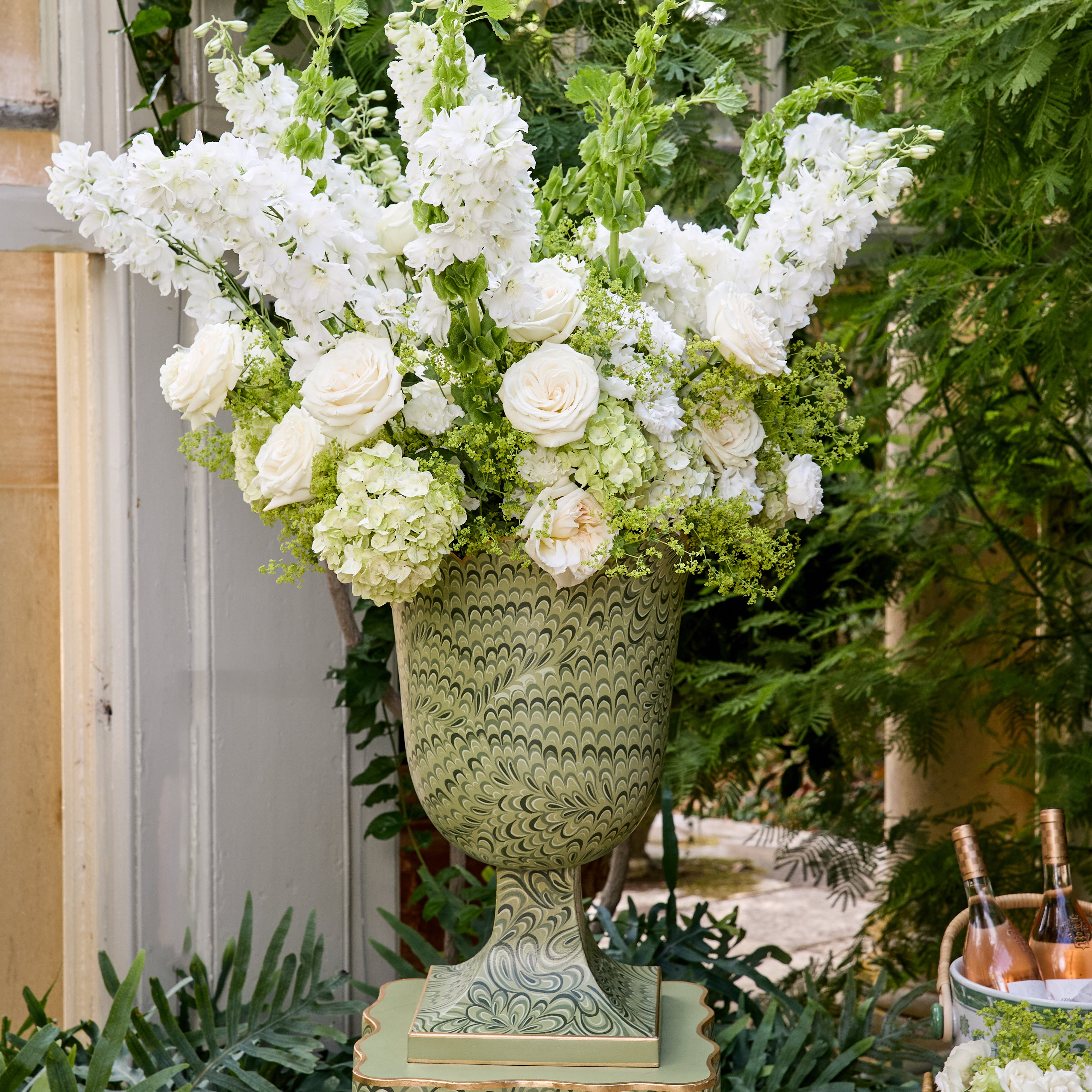 Olive Green Marble Urn & Pedestal