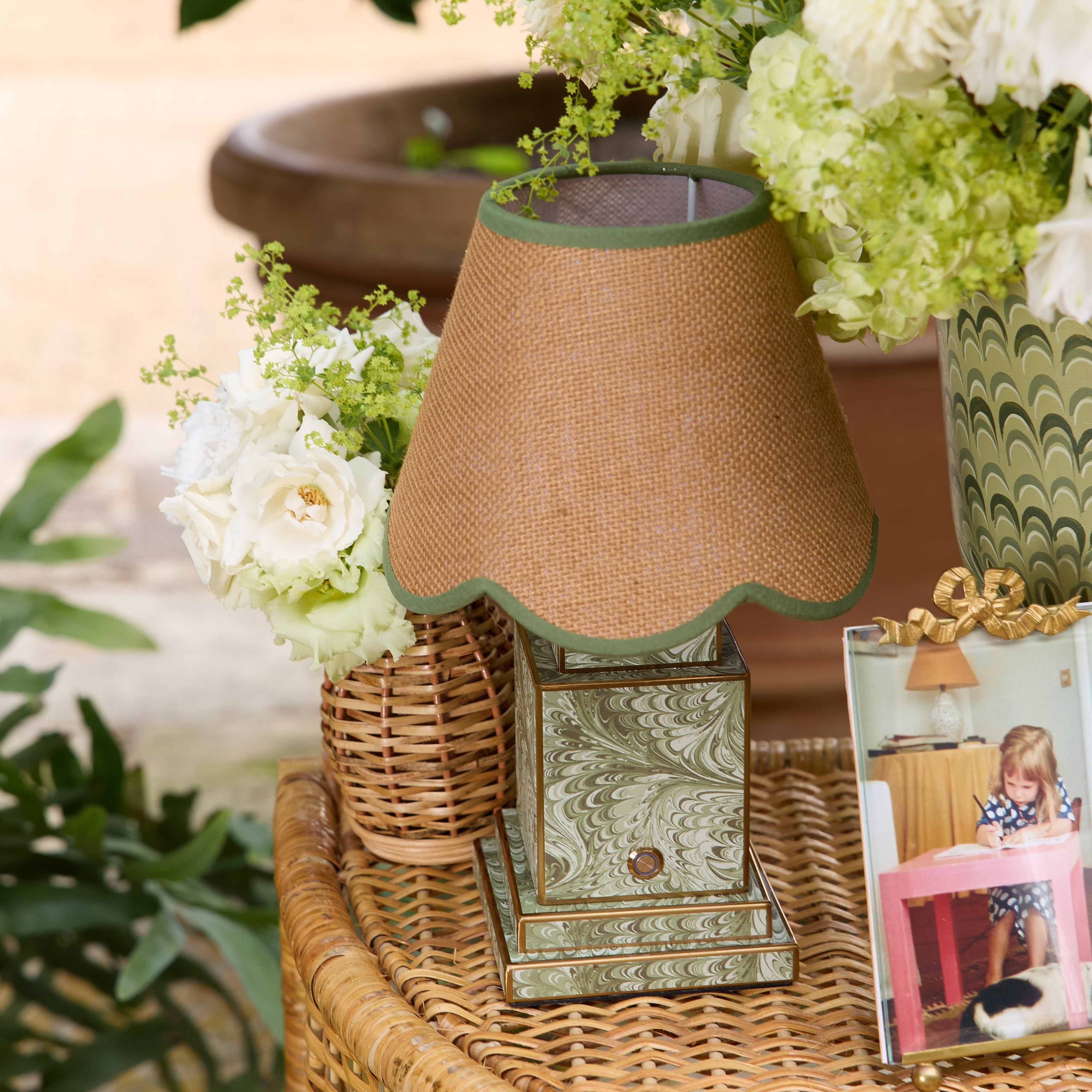 Olive Marble Square Rechargeable Lamp with Tan Grasscloth & Olive Trim Shade (18cm)