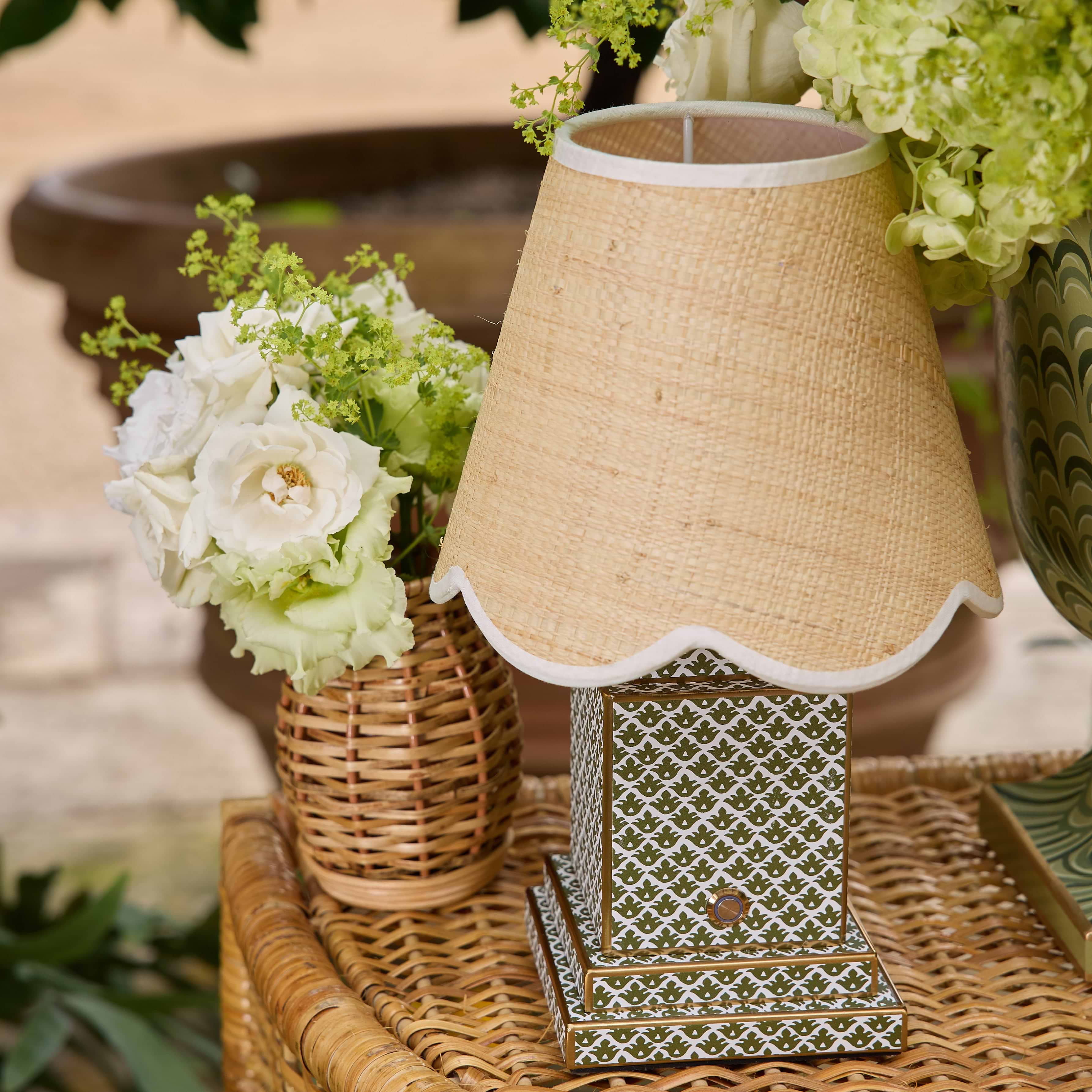 Olive Lotus Square Rechargeable Lamp with Grasscloth Shade (18cm)