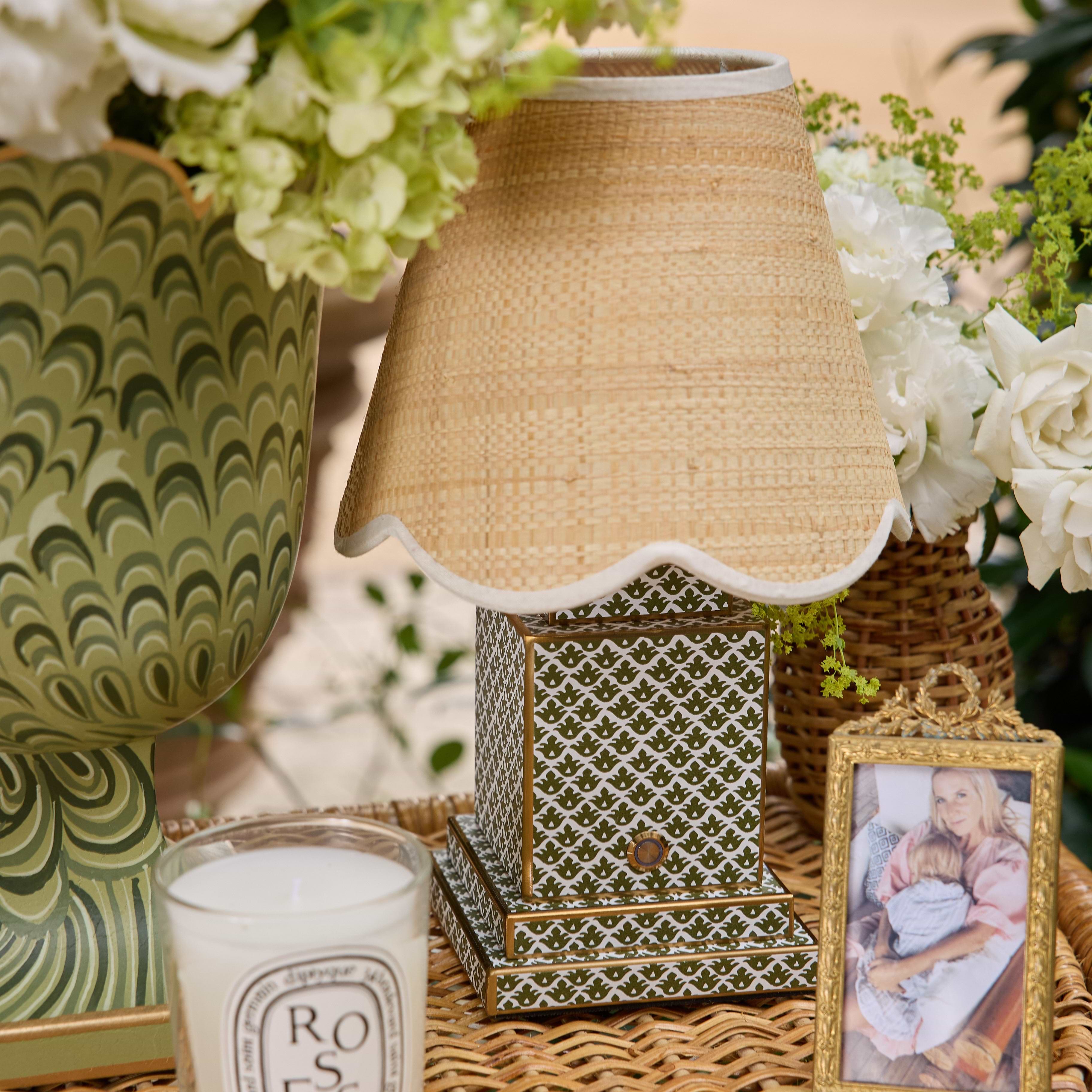 Olive Lotus Square Rechargeable Lamp with Grasscloth Shade (18cm)