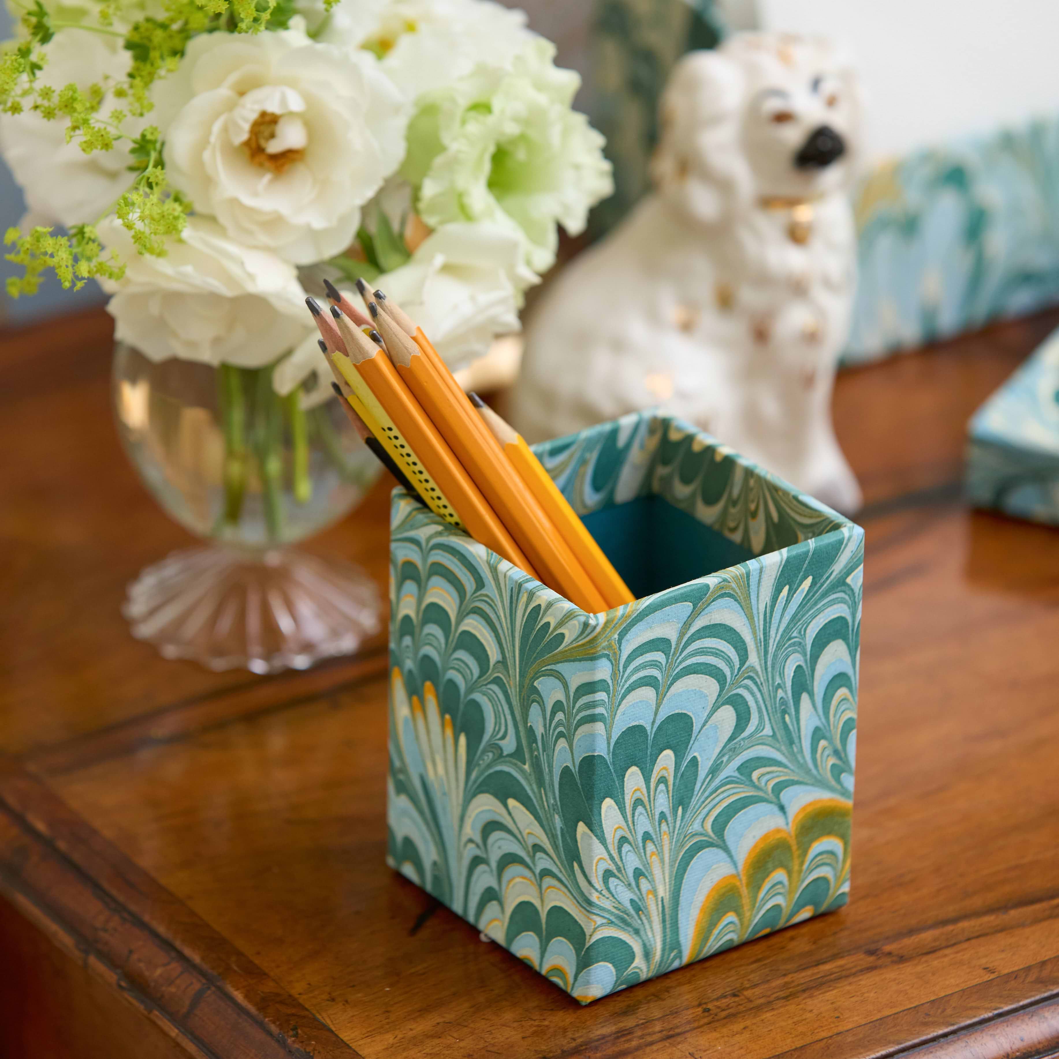 Teal Marble Pen Holder