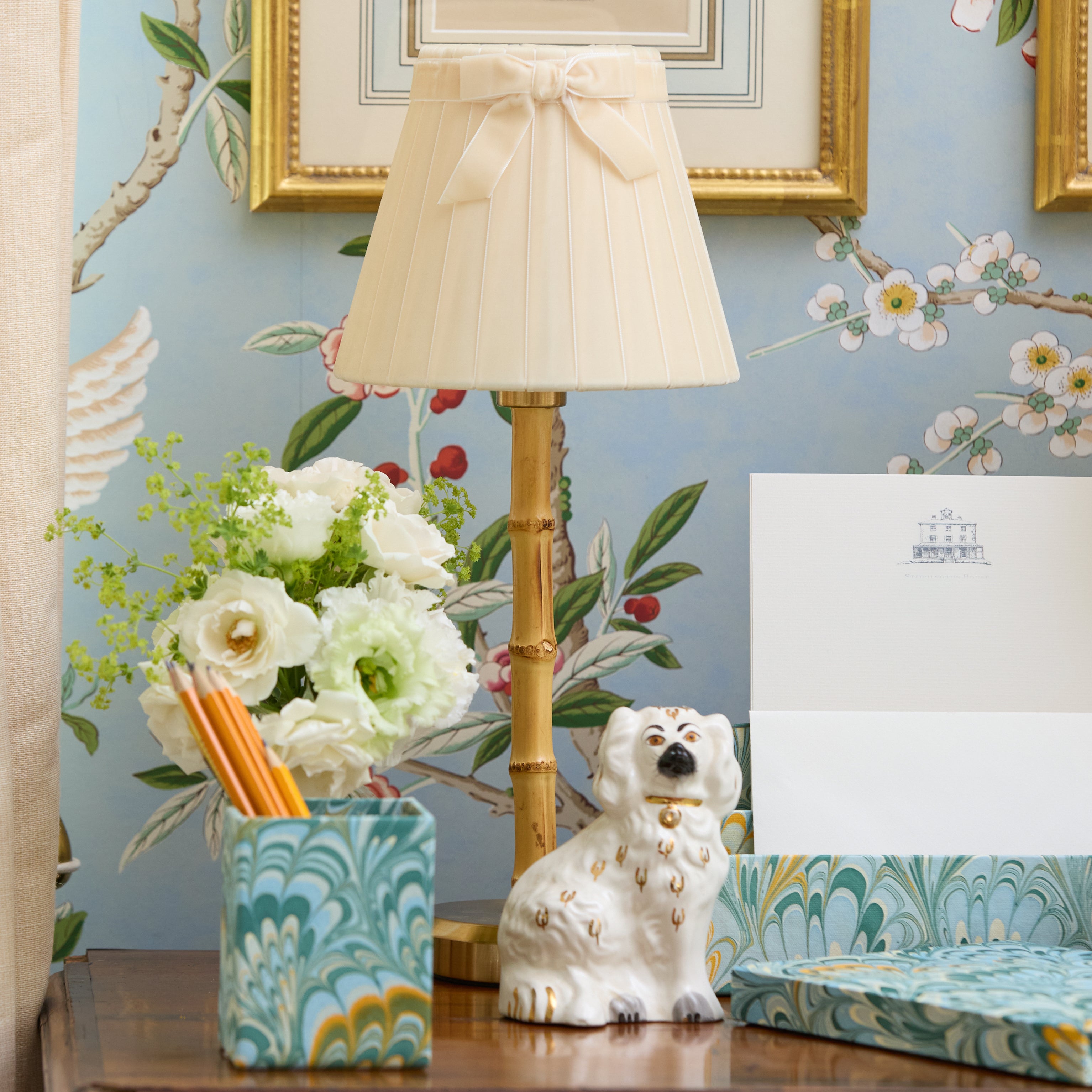 Bamboo Rechargeable Lamp with Cream Velvet Bow Shade (18cm)