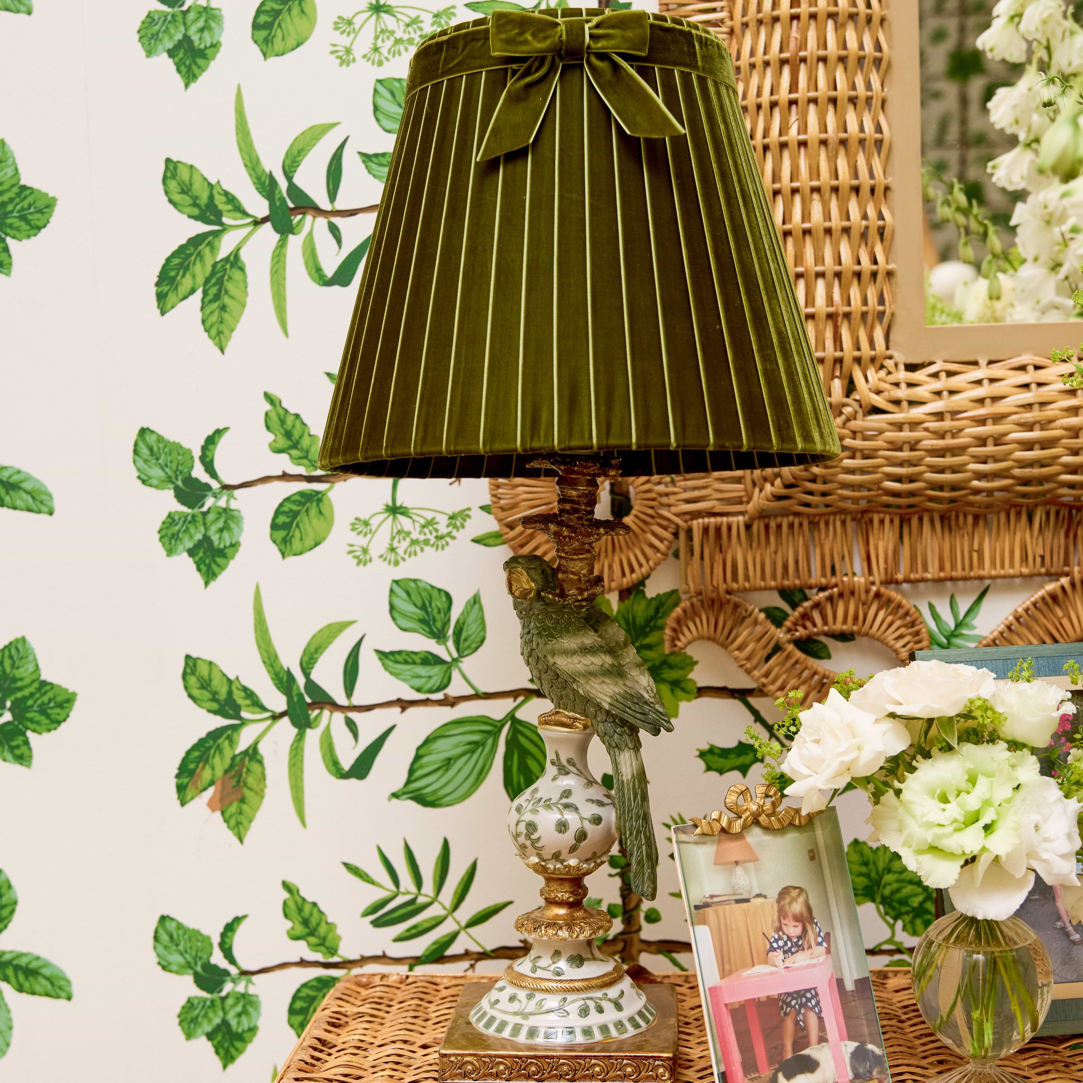 Olive Parrot Lamp with Olive Velvet Bow Shade (30cm)