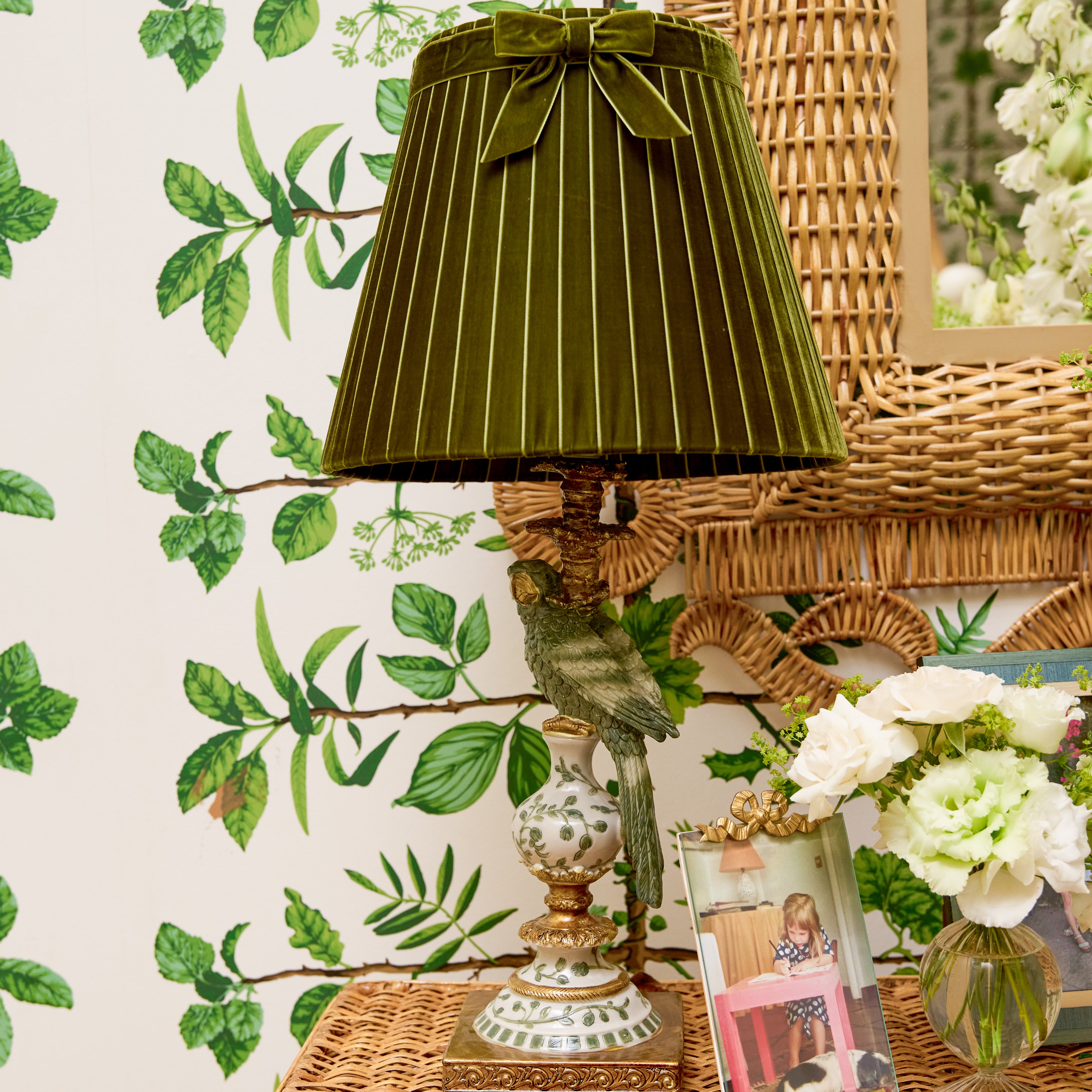 Olive Parrot Lamp with Olive Velvet Bow Shade (30cm)