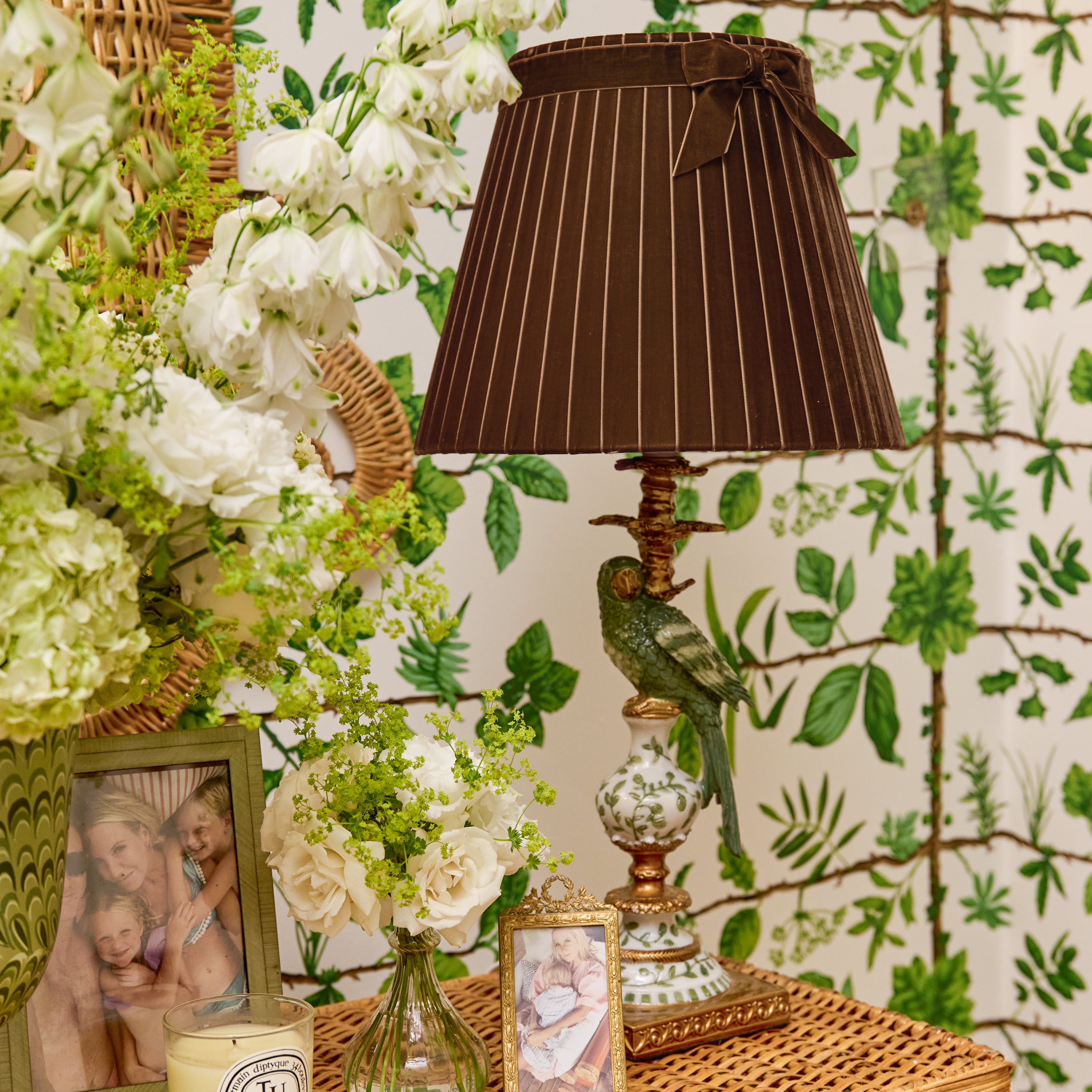 Olive Parrot Lamp with Chocolate Velvet Bow Shade (30cm)