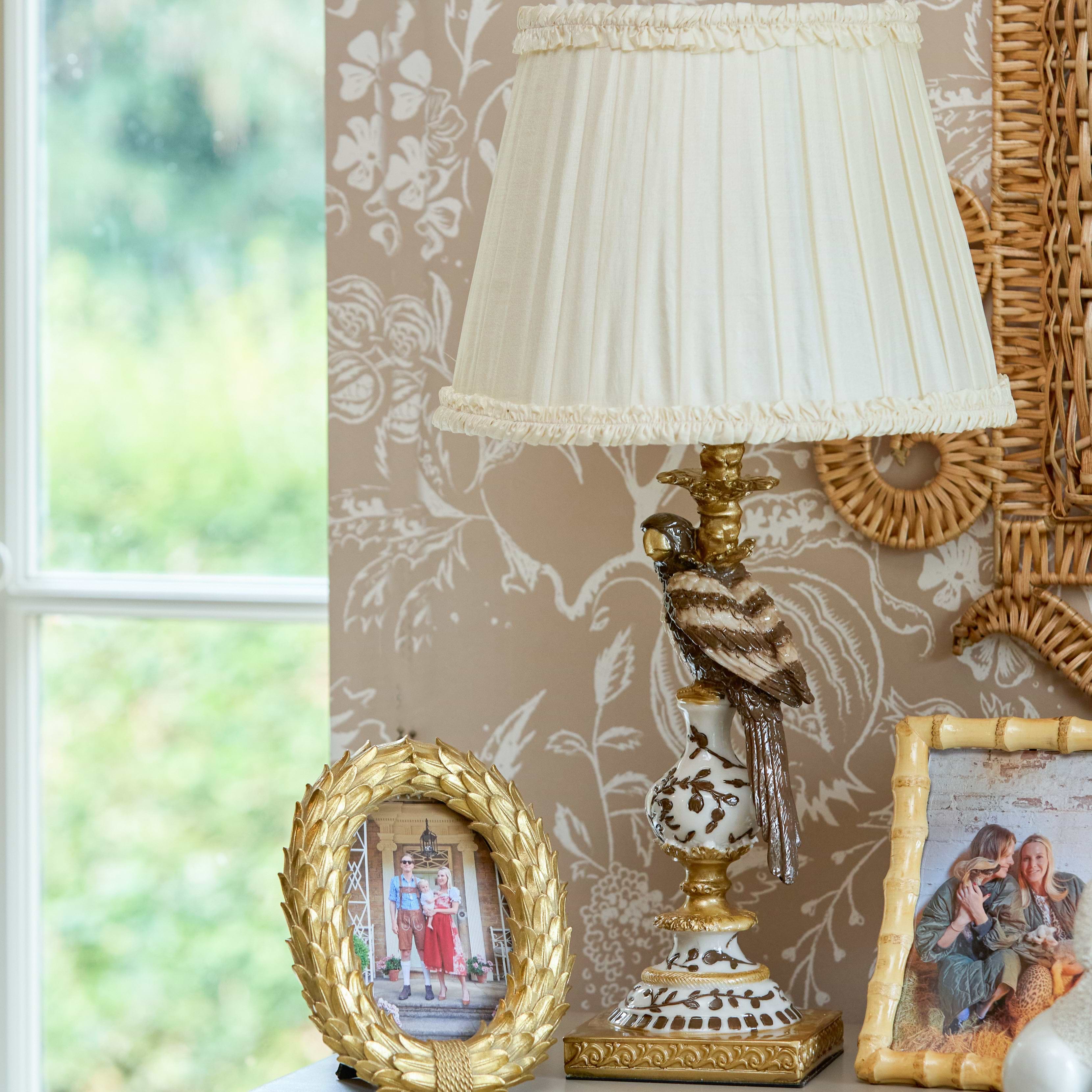 Chocolate Parrot Lamp with Cream Frilled Silk Shade (30cm)