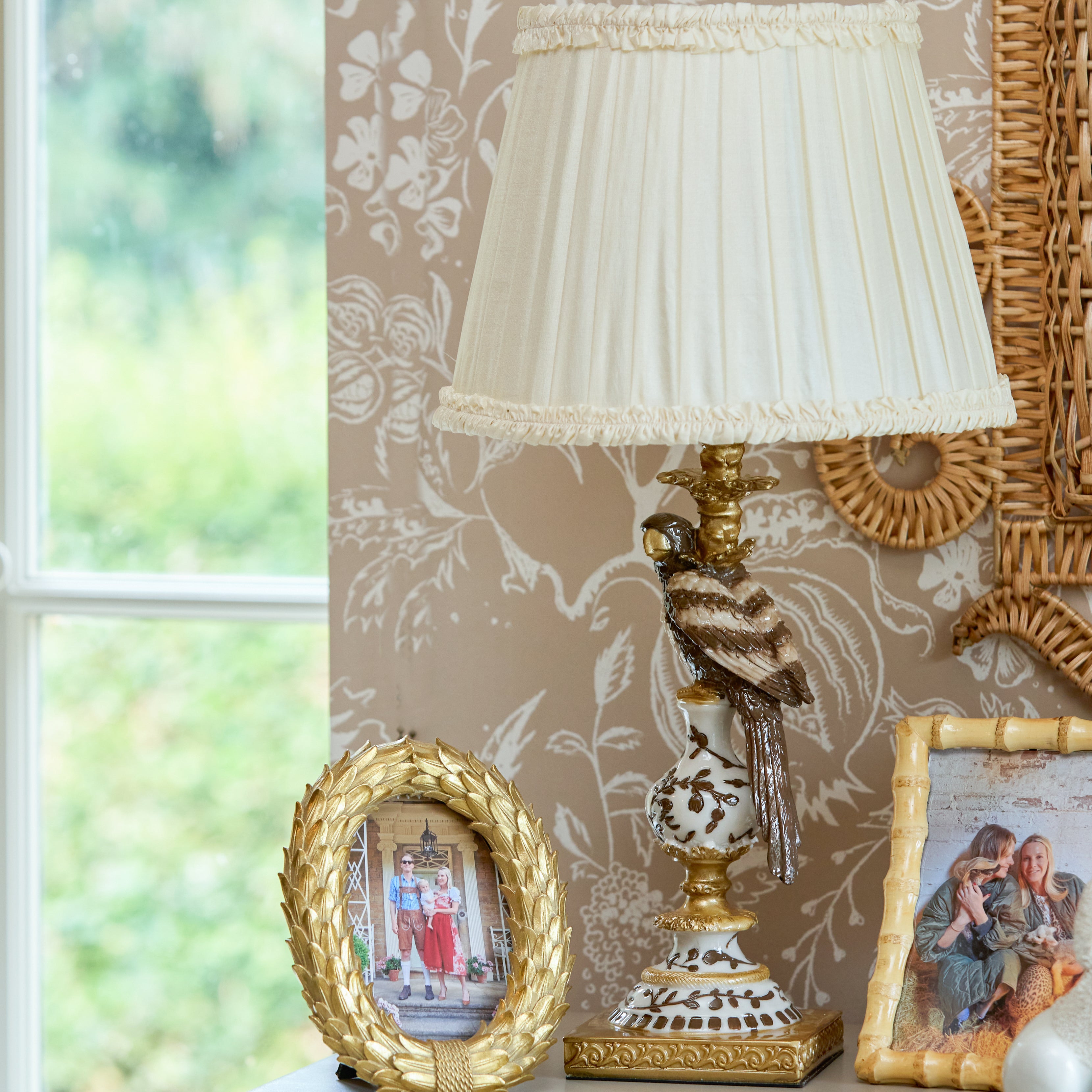 Chocolate Parrot Lamp with Cream Frilled Silk Shade (30cm)