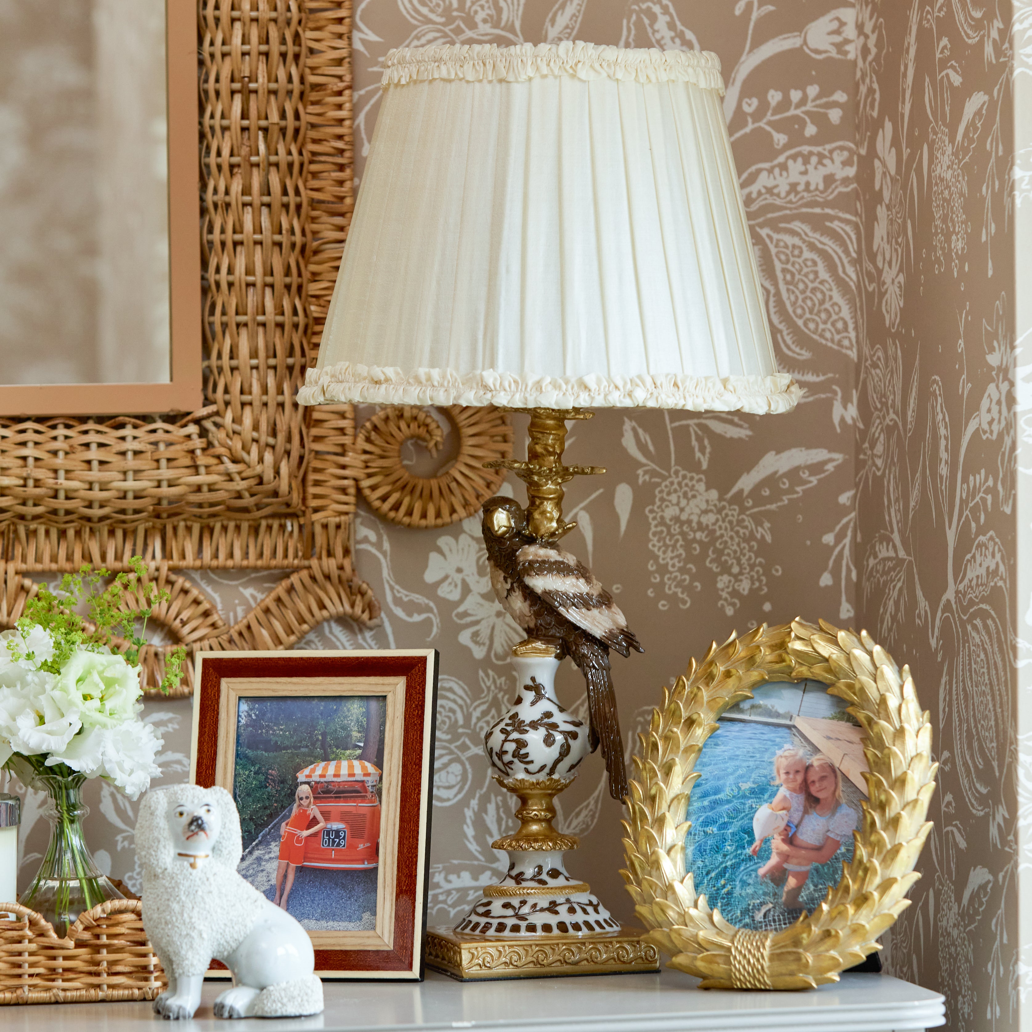Chocolate Parrot Lamp with Cream Frilled Silk Shade (30cm)
