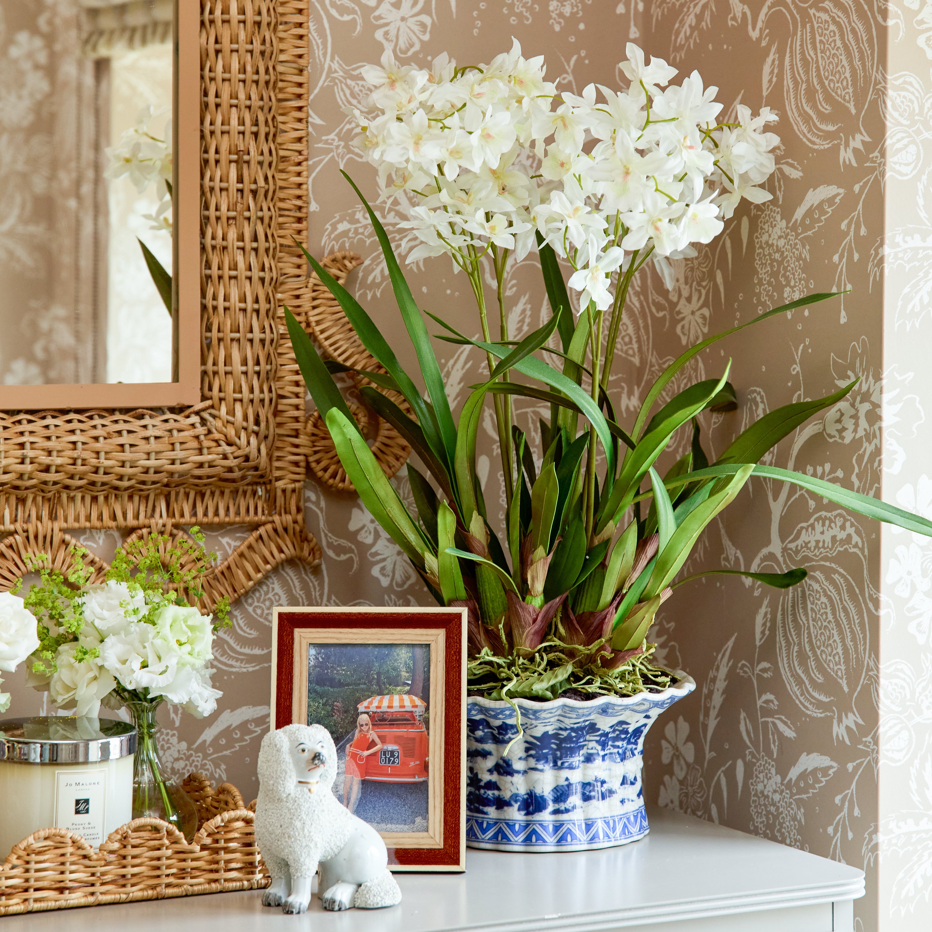 Faux Dancing Lady Orchid in Chinoiserie Planter