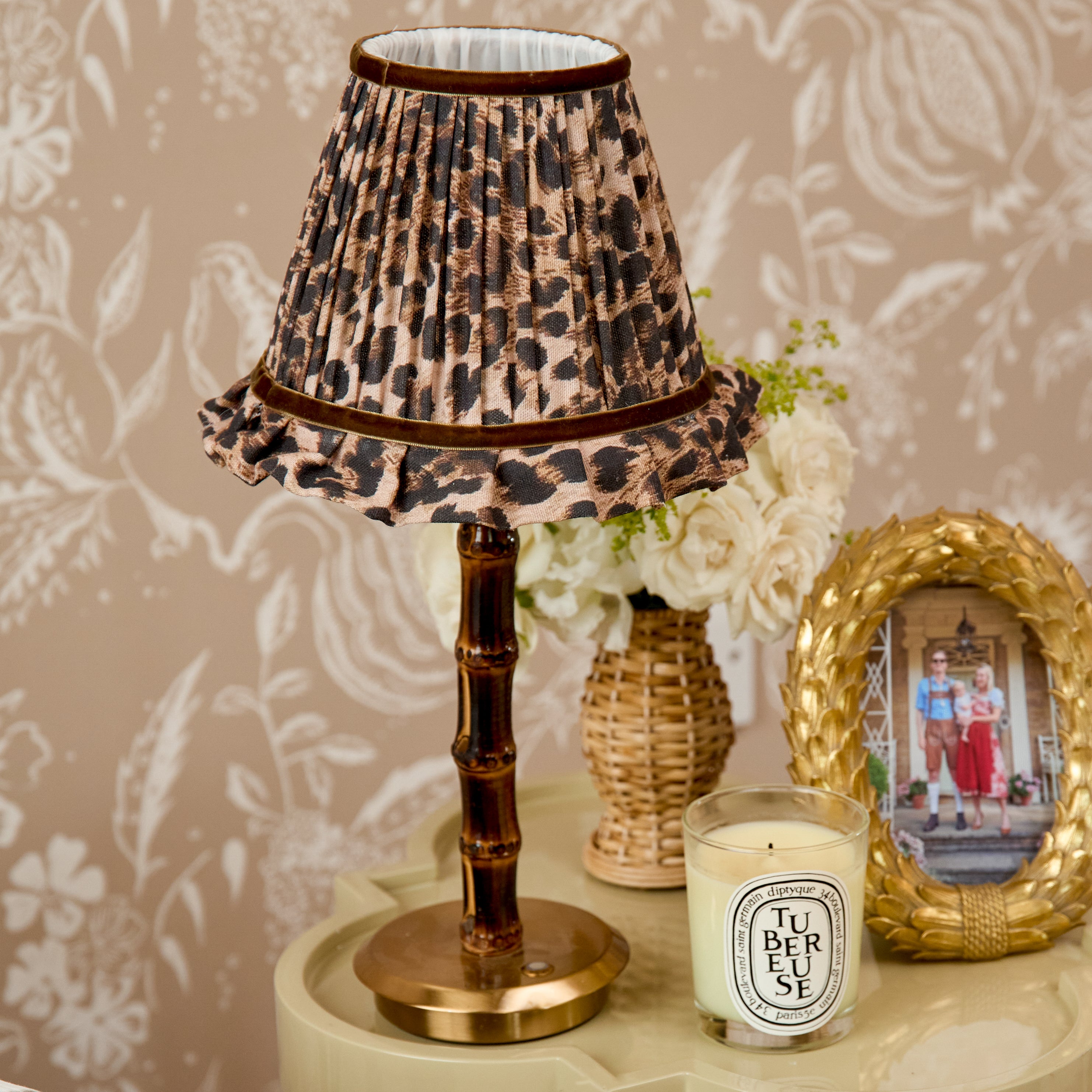 Burnt Bamboo Rechargeable Lamp with Brown Leopard & Velvet Trim Shade (18cm)