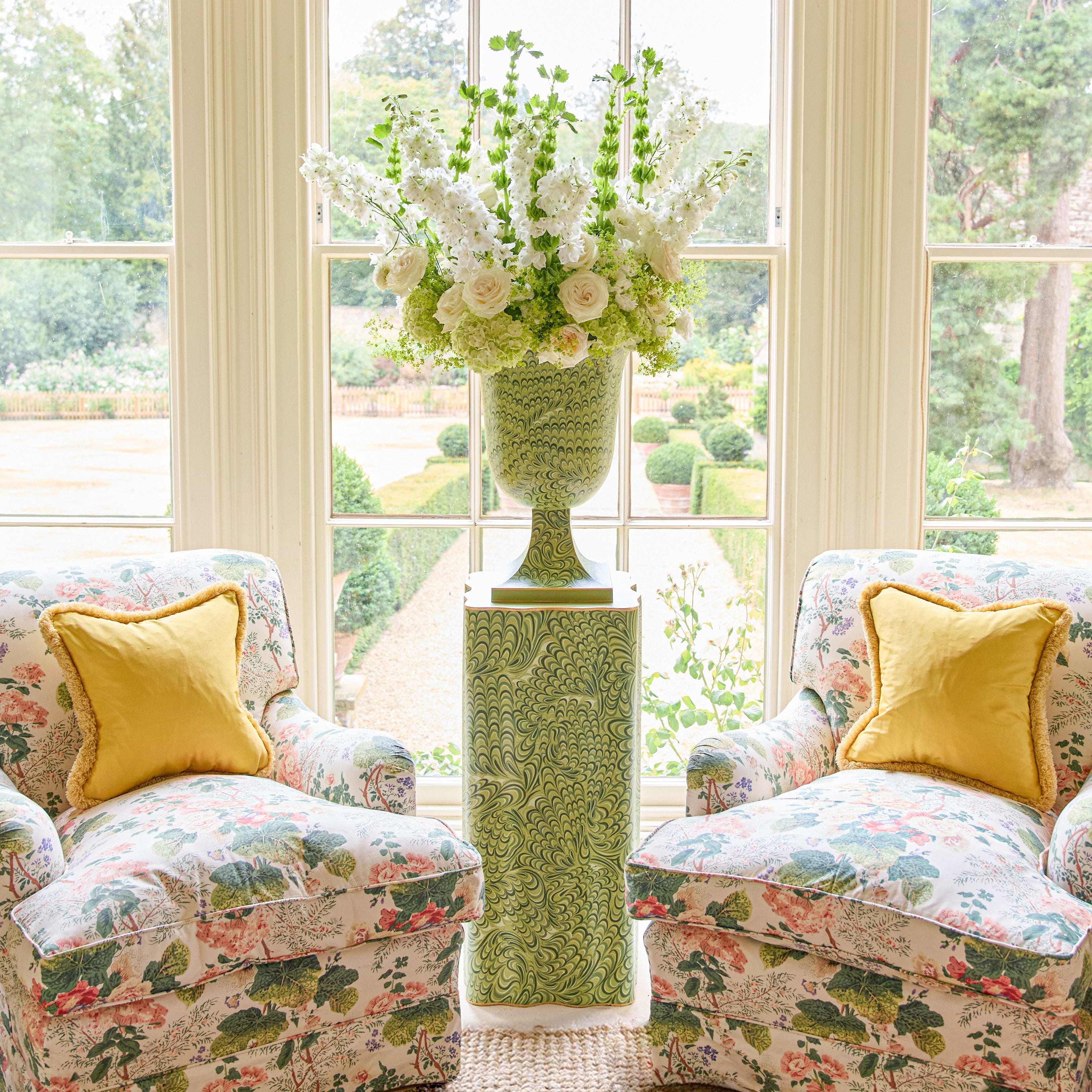 Olive Green Marble Urn & Pedestal