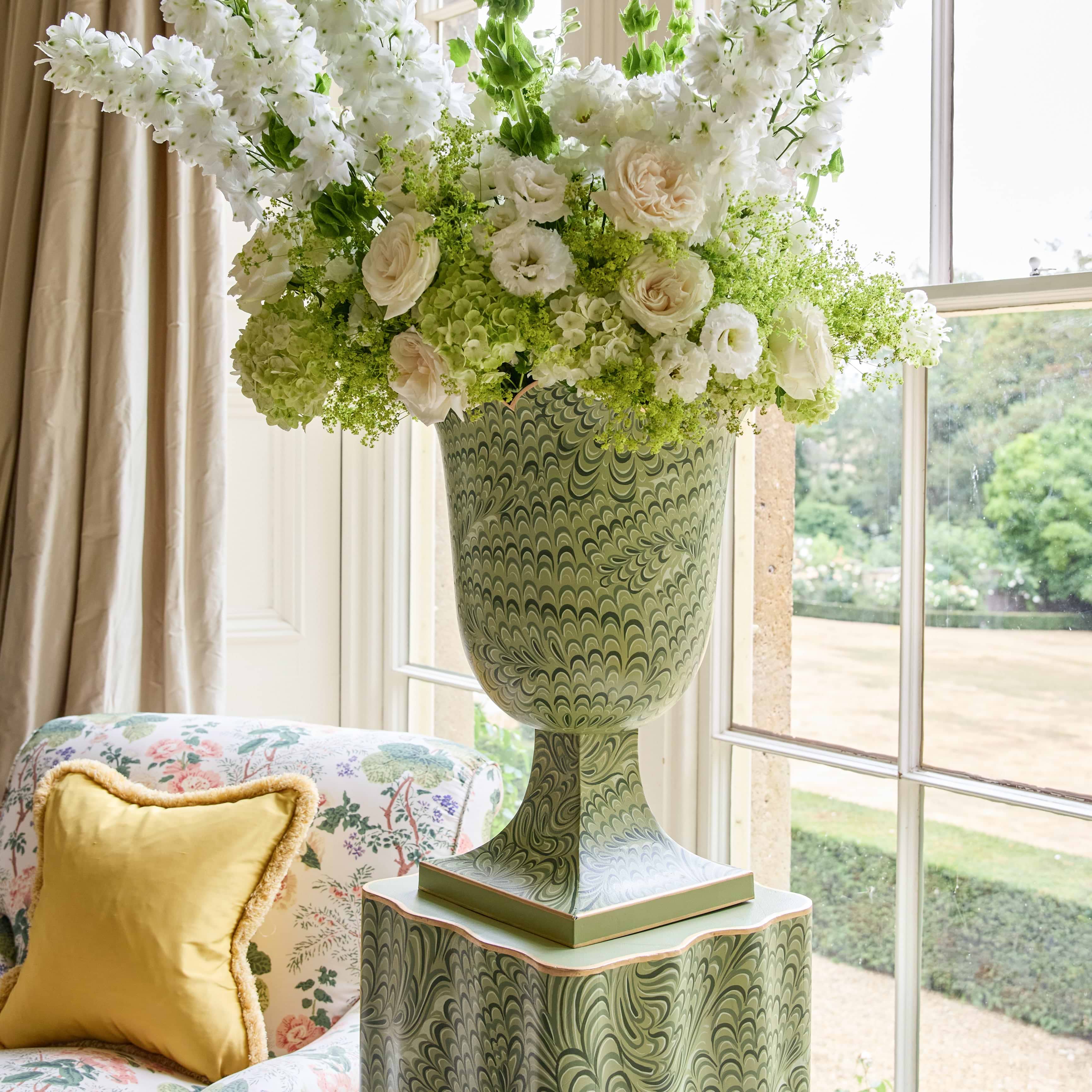 Olive Green Marble Urn & Pedestal