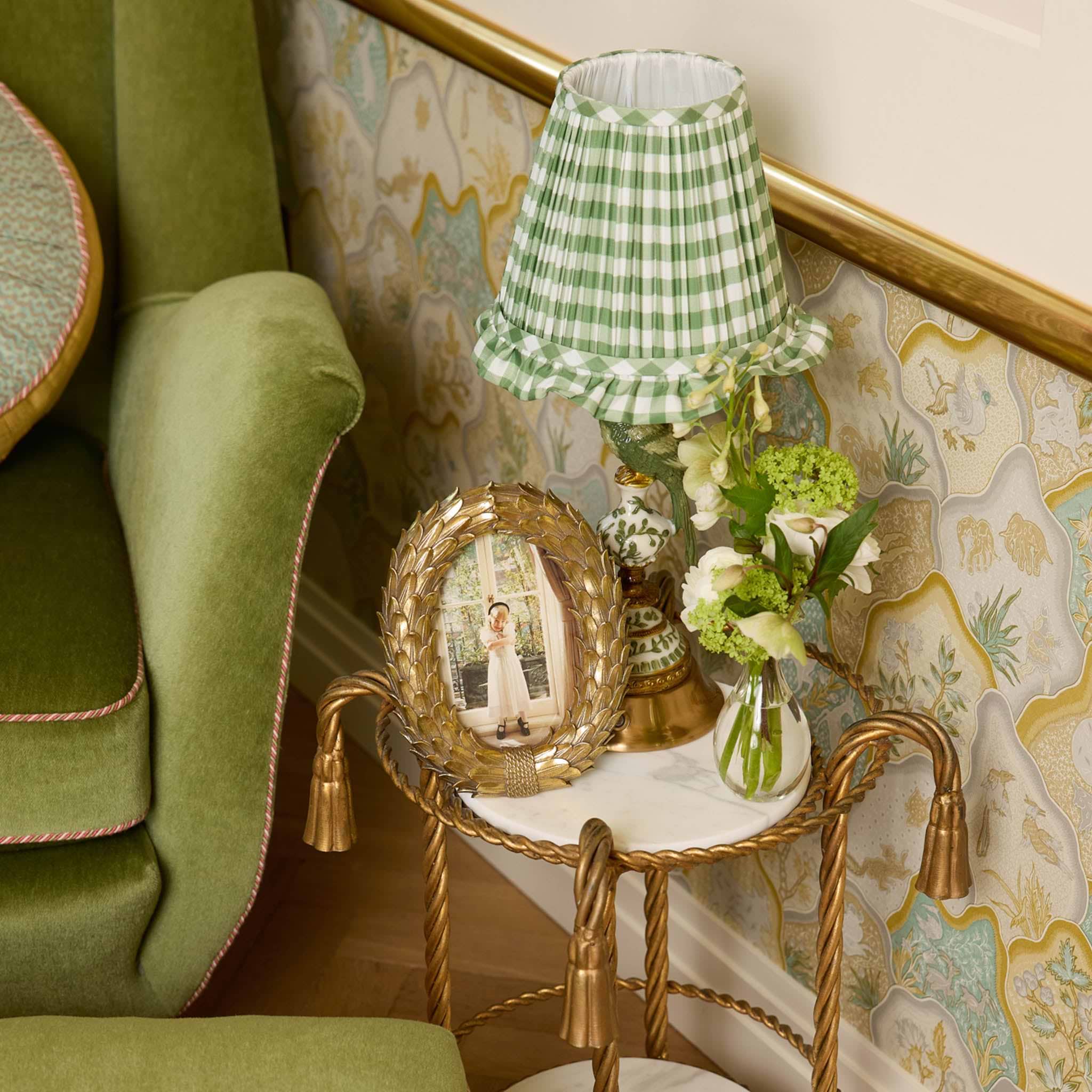 Olive Parrot Rechargeable Lamp with Olive Gingham Ruffle Shade (18cm)