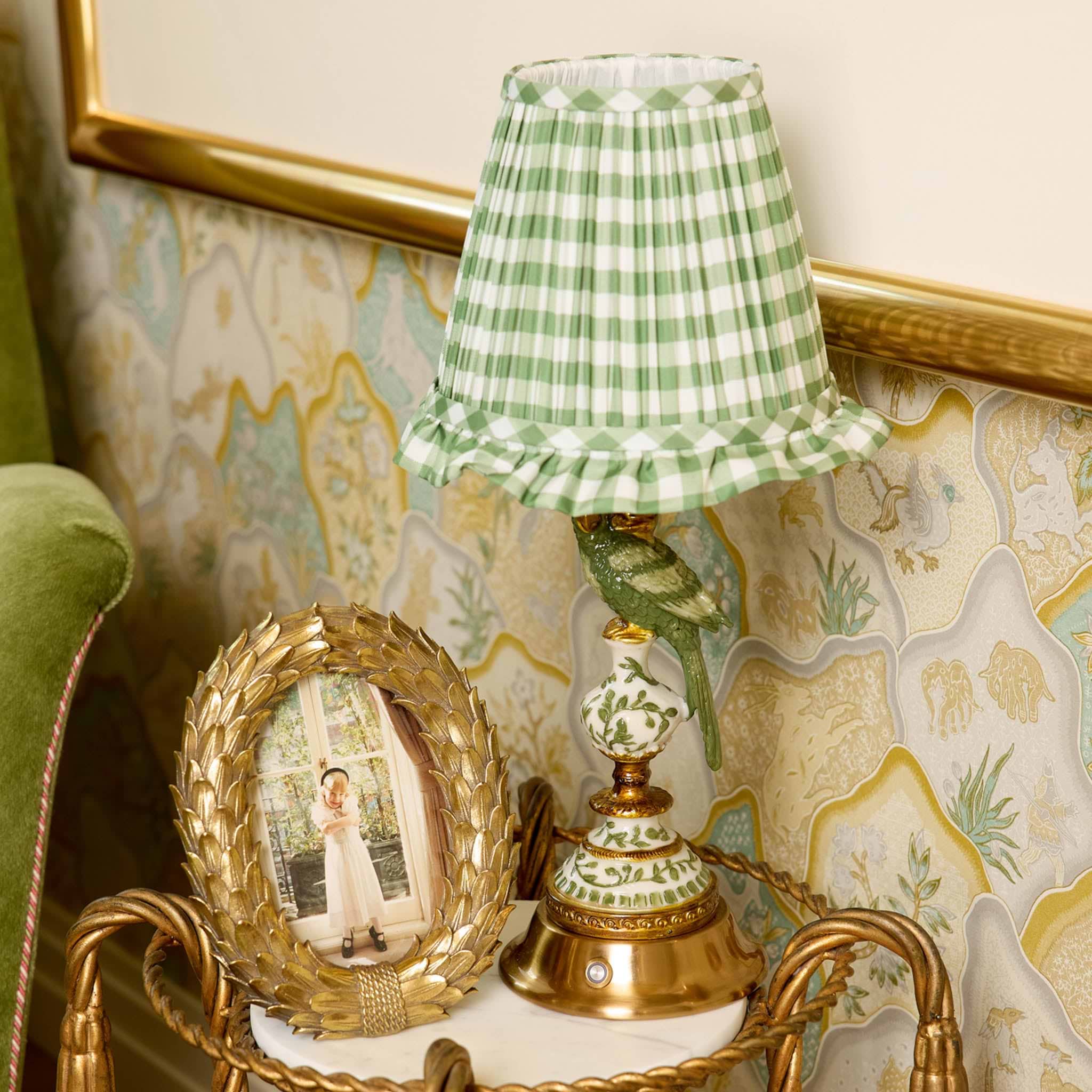 Olive Parrot Rechargeable Lamp with Olive Gingham Ruffle Shade (18cm)