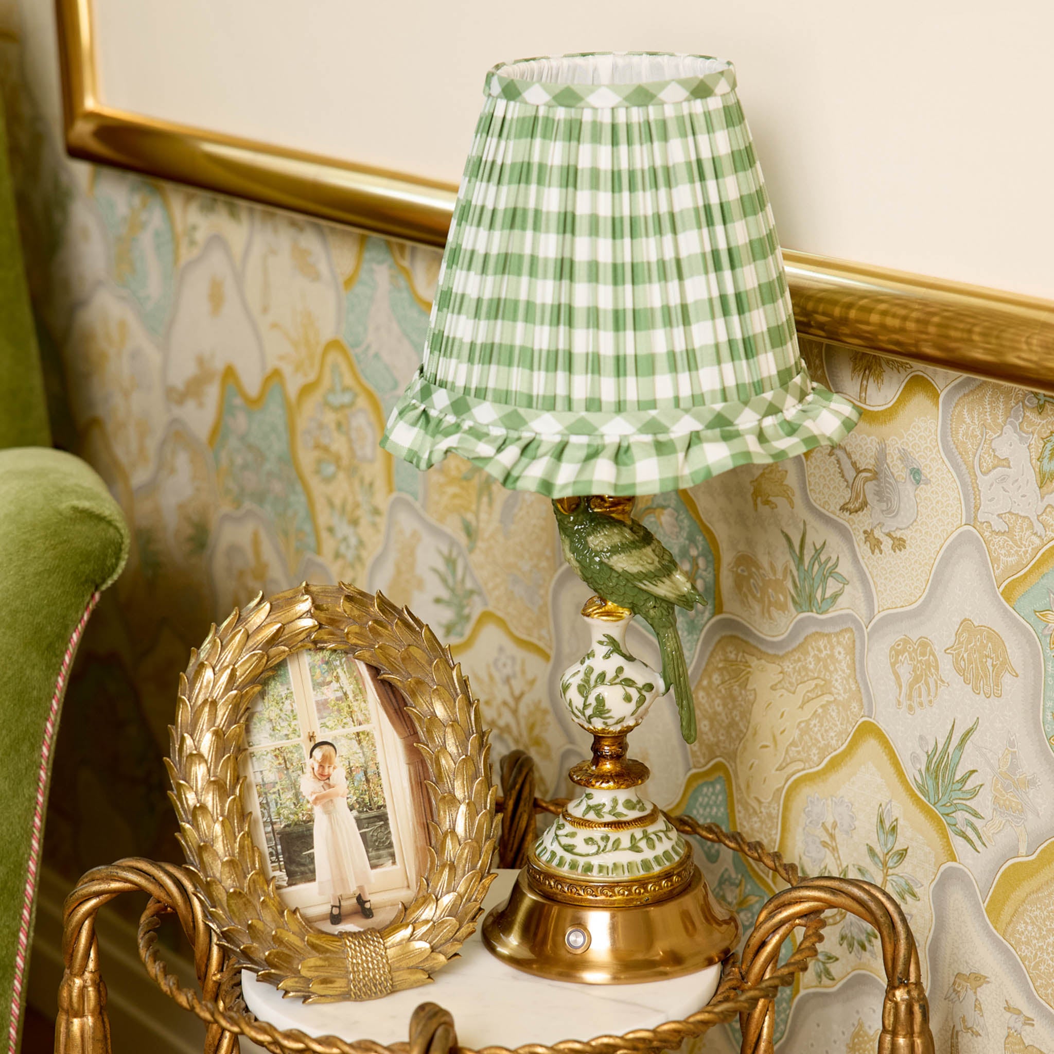 Olive Parrot Rechargeable Lamp with Olive Gingham Ruffle Shade (18cm)
