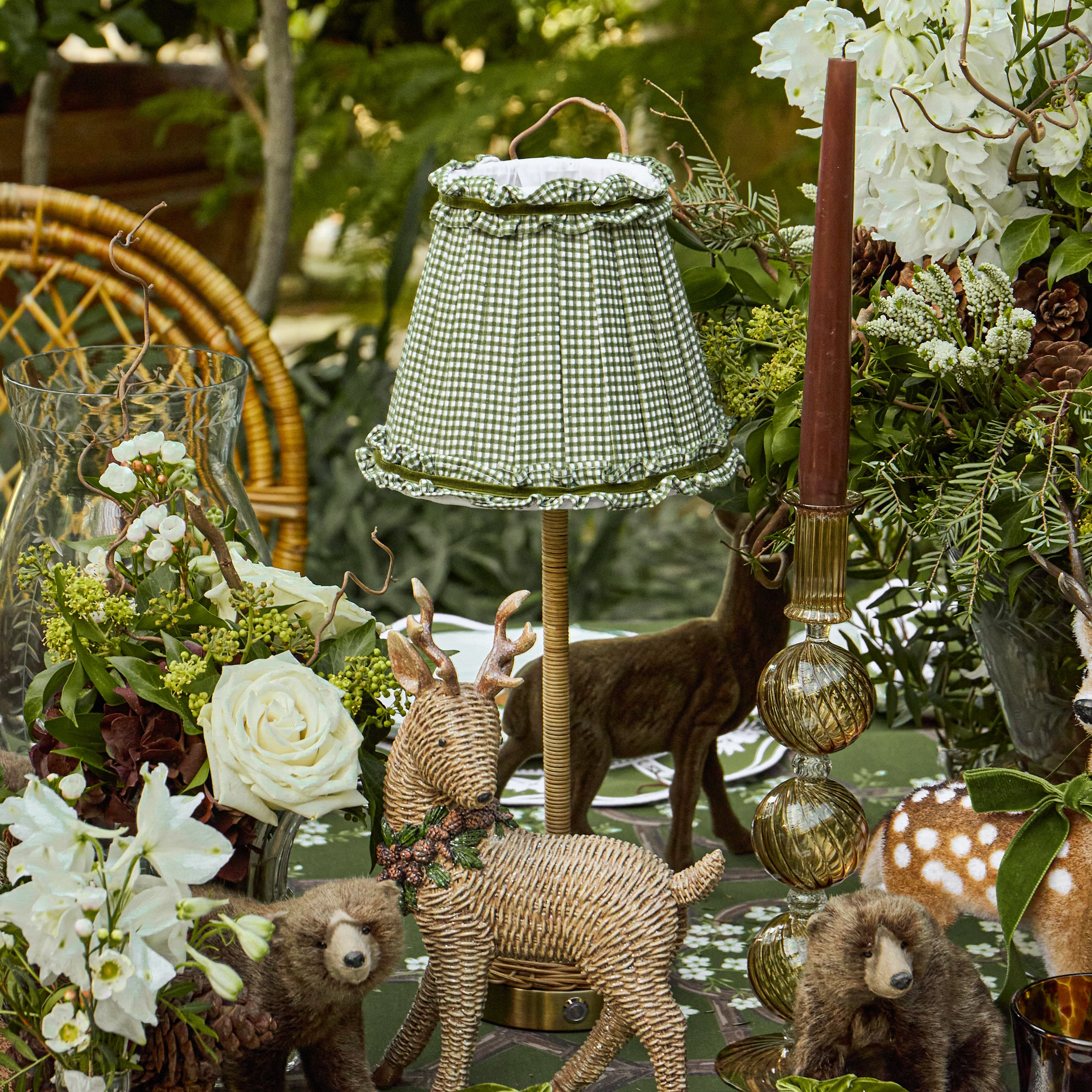 Rattan Ida Rechargeable Lamp with Green Gingham Shade (18cm)
