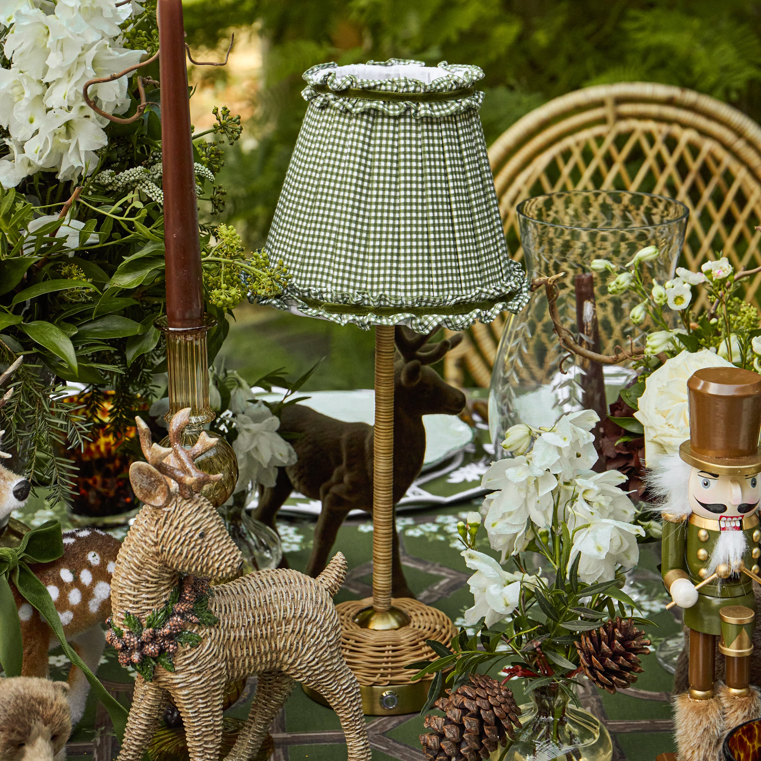Rattan Ida Rechargeable Lamp with Green Gingham Shade (18cm)