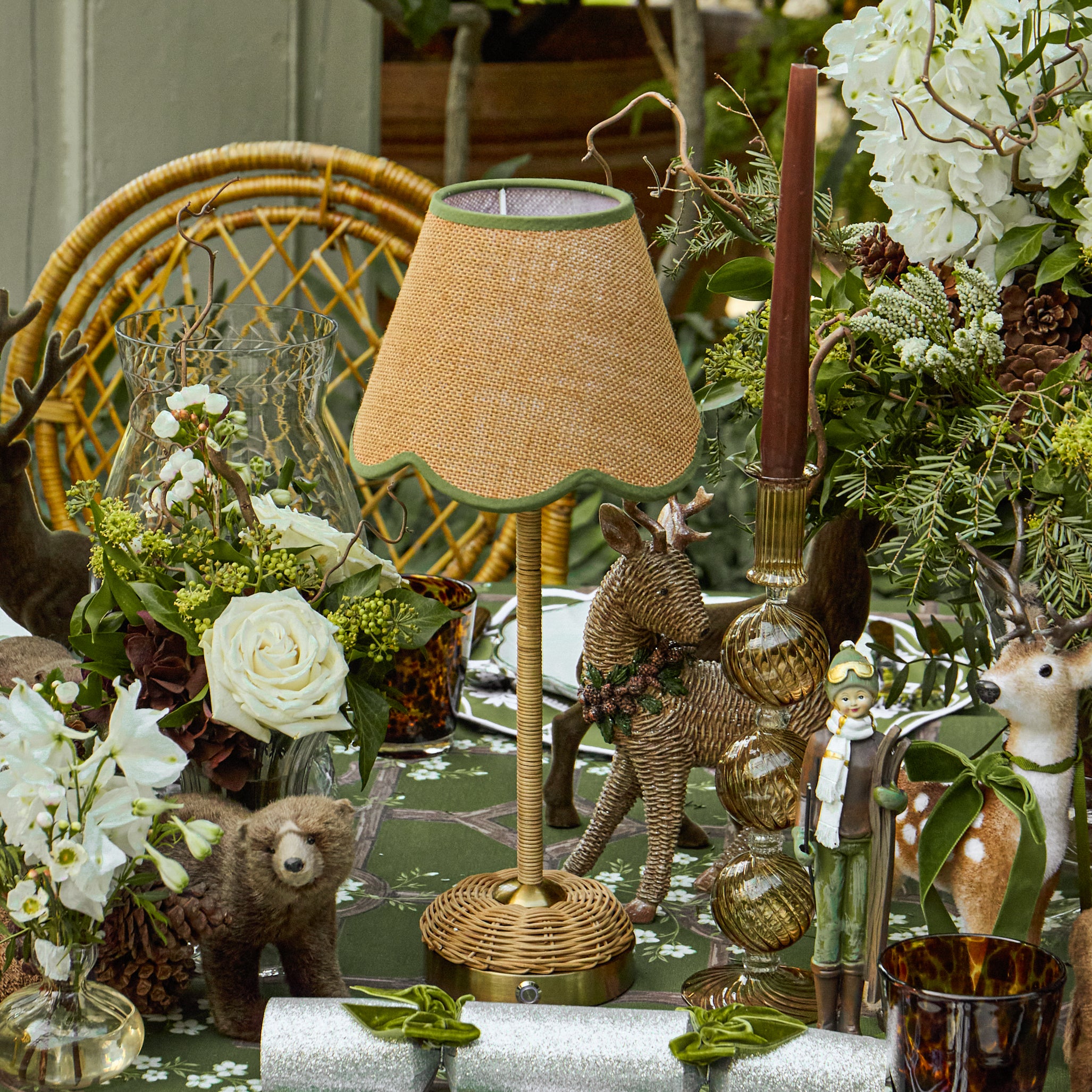 Rattan Ida Rechargeable Lamp with Tan Grasscloth & Olive Trim Shade (18cm)