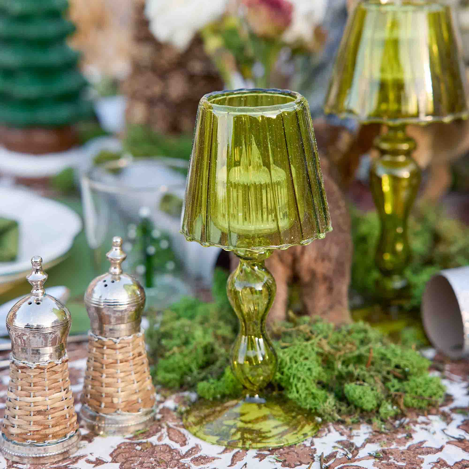 Olive Glass Lantern Tea Light Holder Set