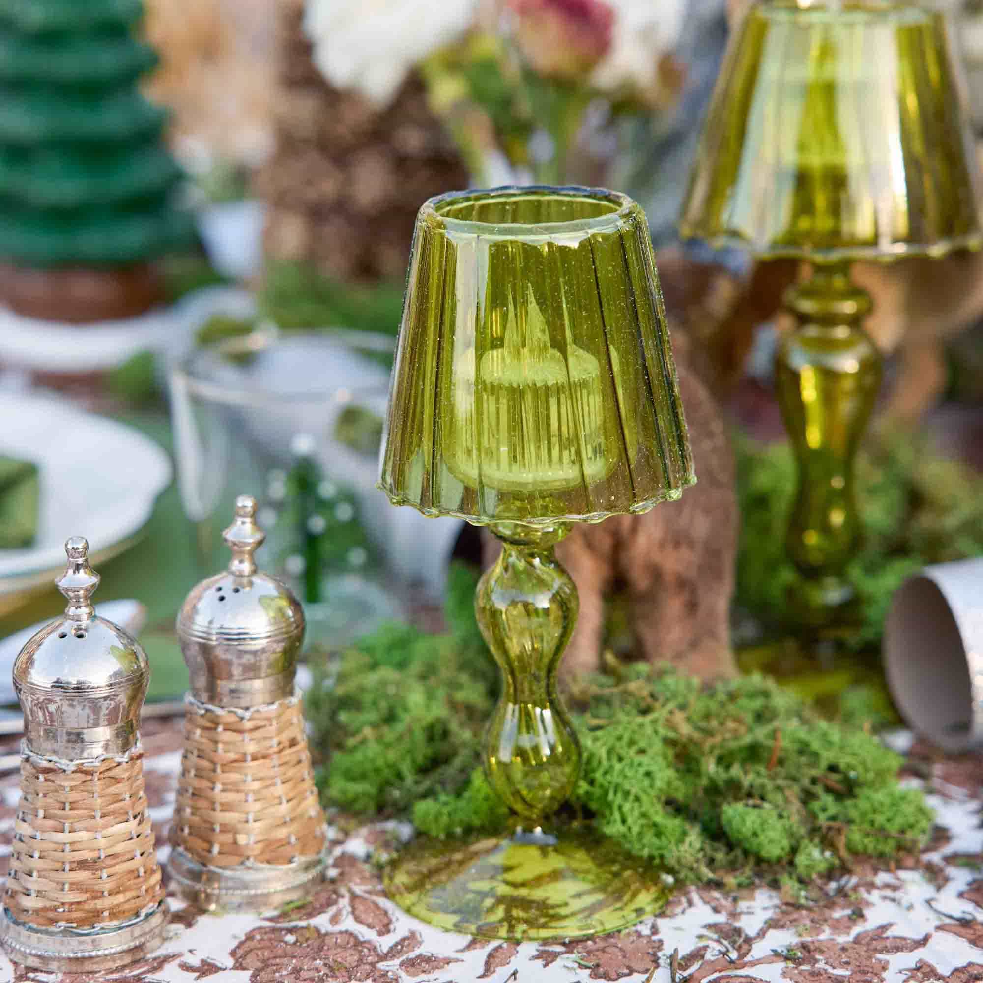 Olive Glass Lantern Tea Light Holder (Pair) - 18 cm