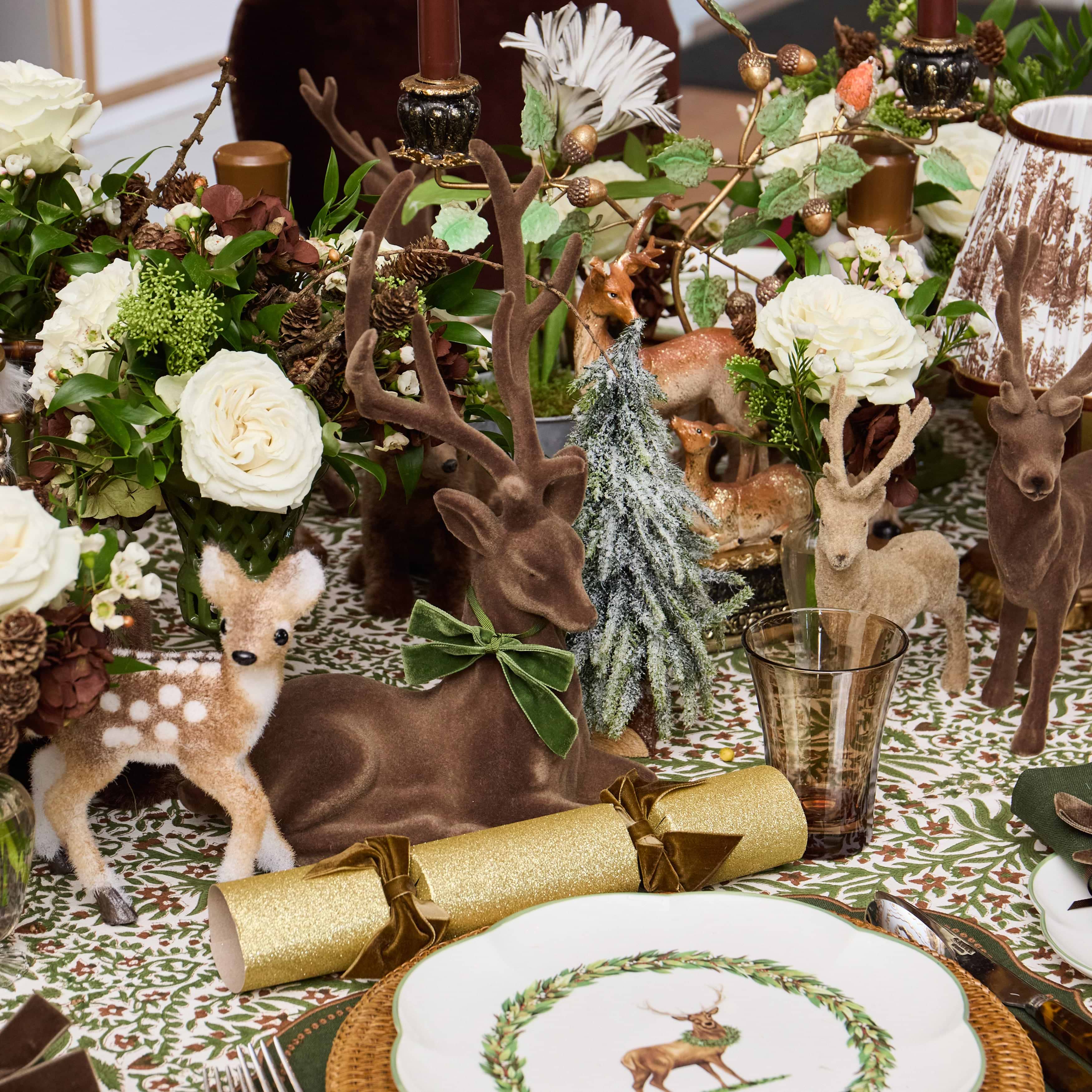 Green Ribboned Chocolate Flocked Sitting Reindeer (Pair)