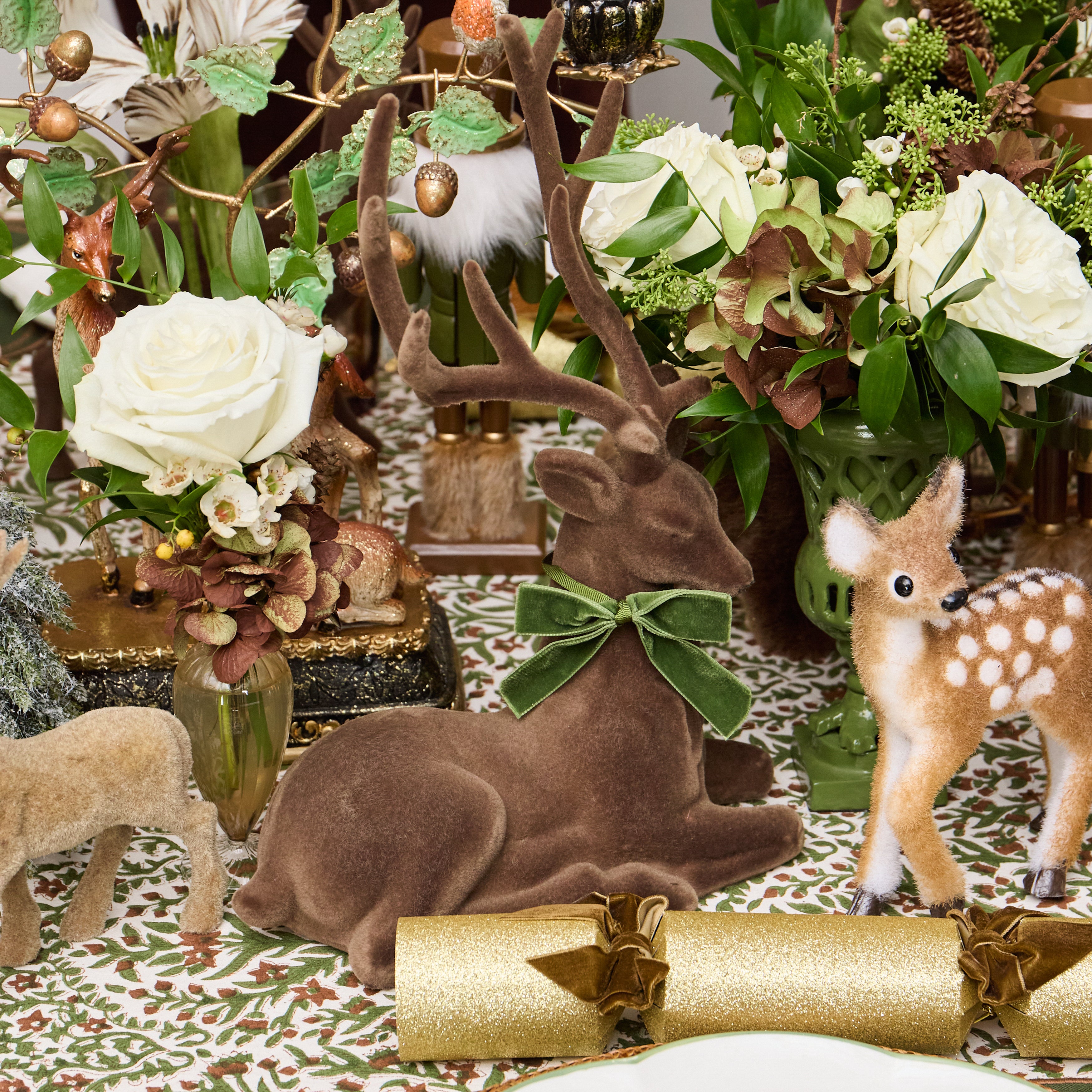 Green Ribboned Chocolate Flocked Sitting Reindeer (Pair)