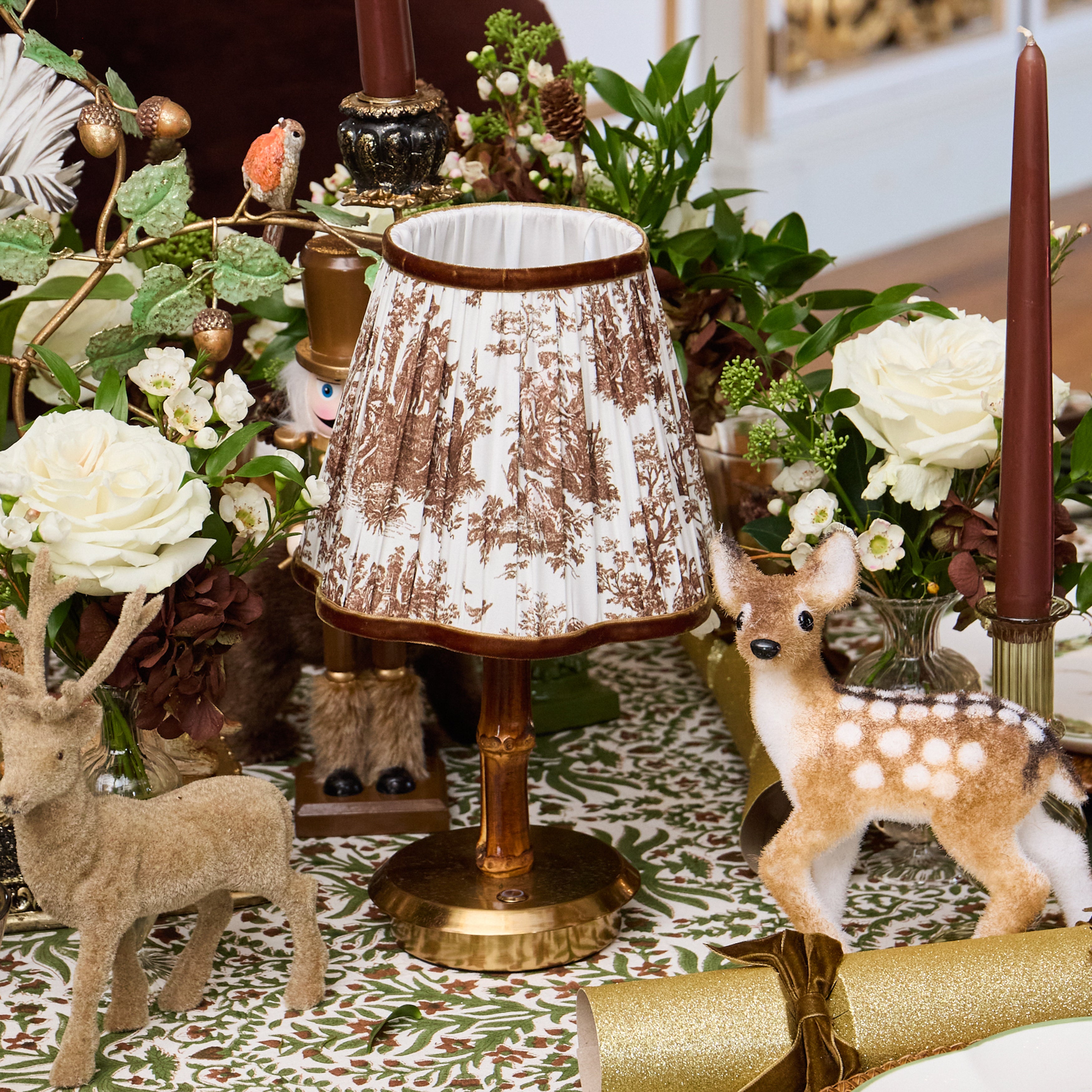 Burnt Bamboo Short Rechargeable Lamp with Chocolate Toile Shade (18cm)