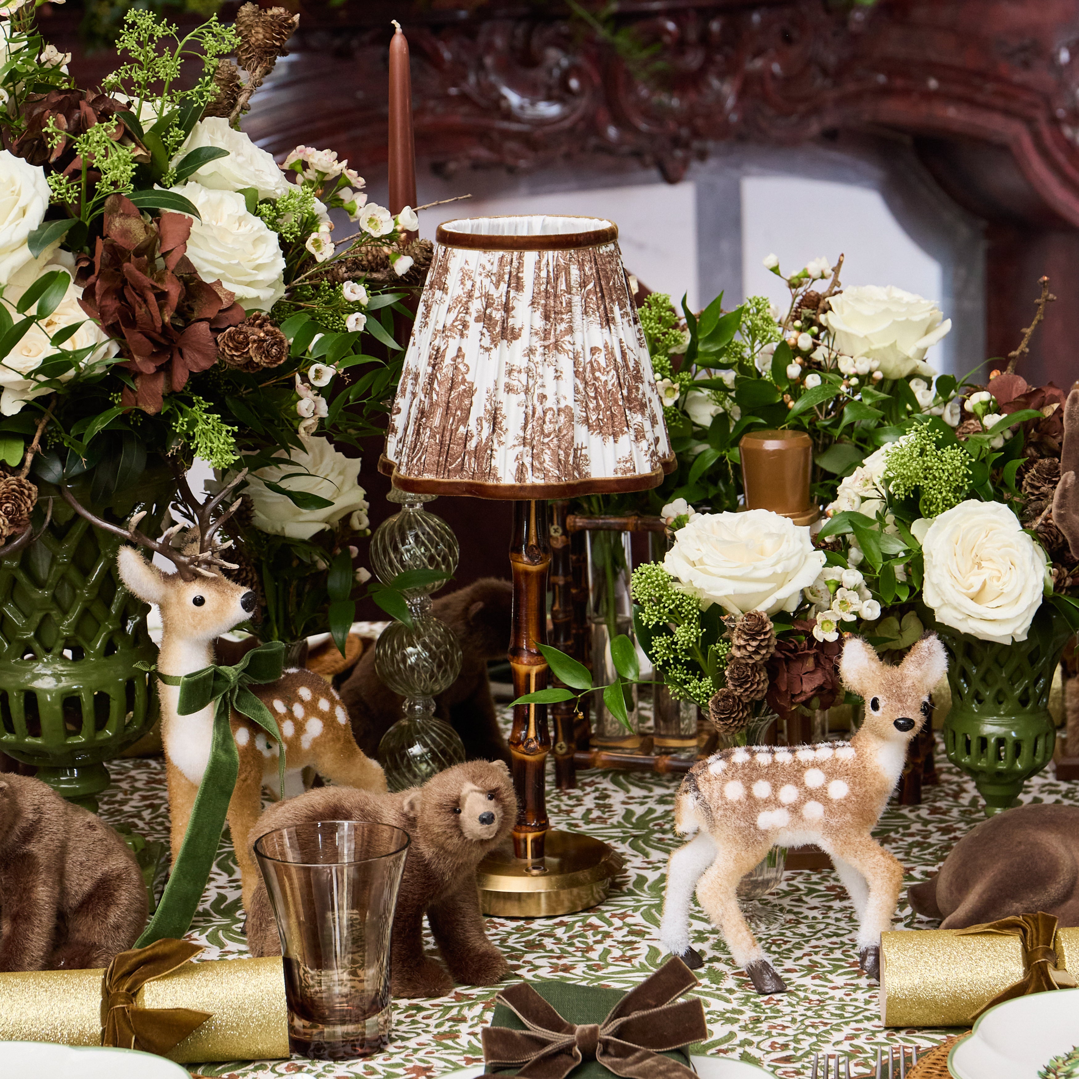 Burnt Bamboo Rechargeable Lamp with Chocolate Toile Shade (18cm)