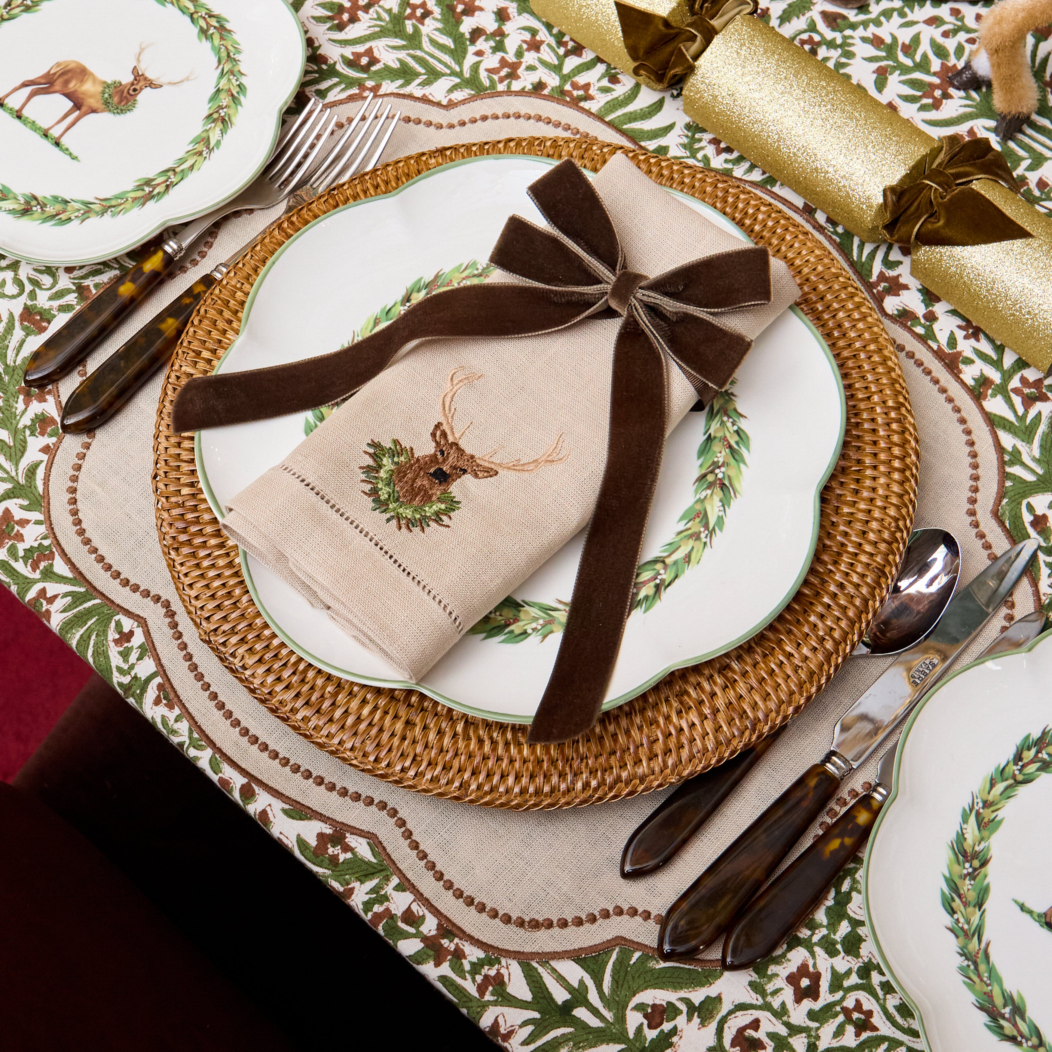 Taupe Stag Embroidered Linen Napkins (Set of 4)