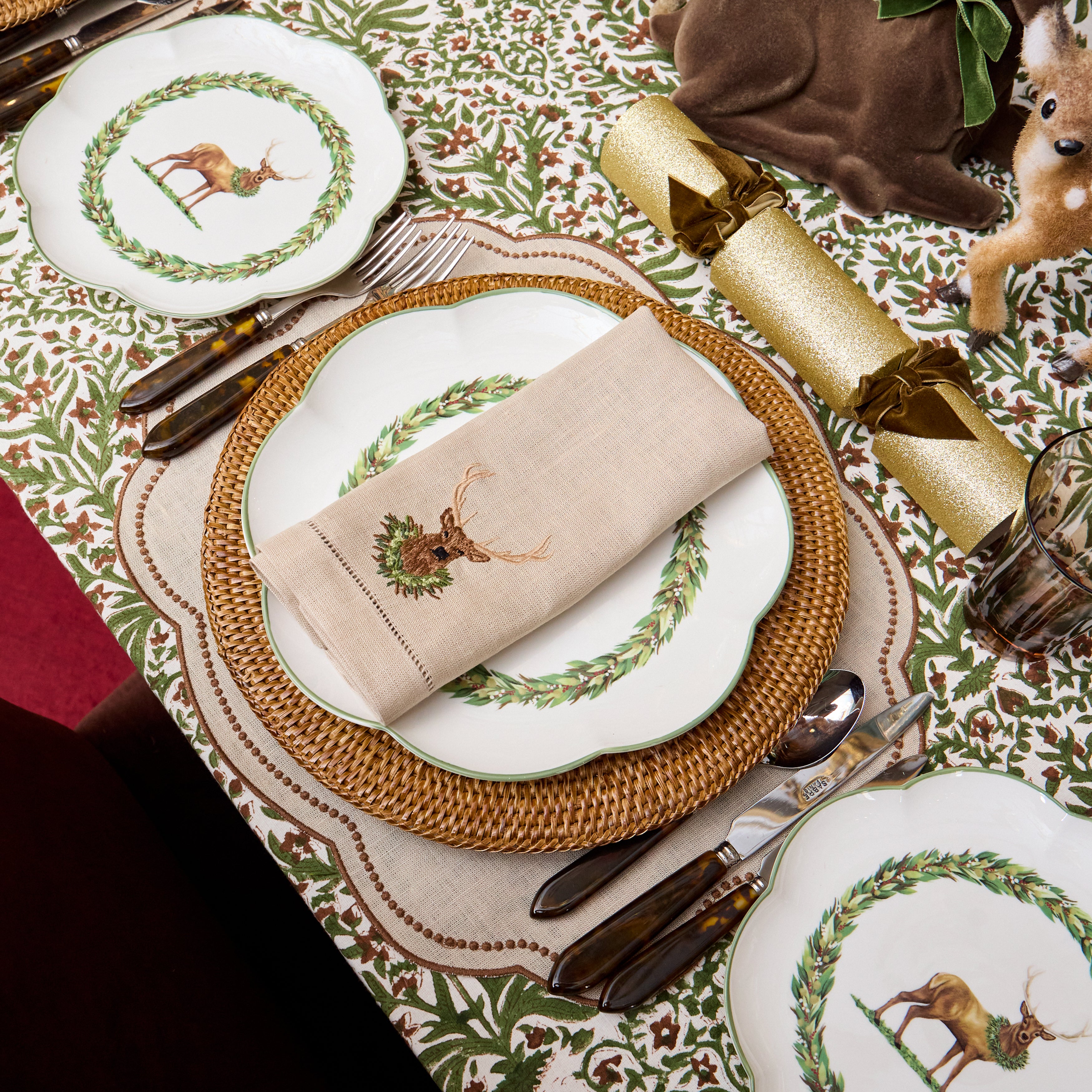 Taupe Stag Embroidered Linen Napkins (Set of 4)