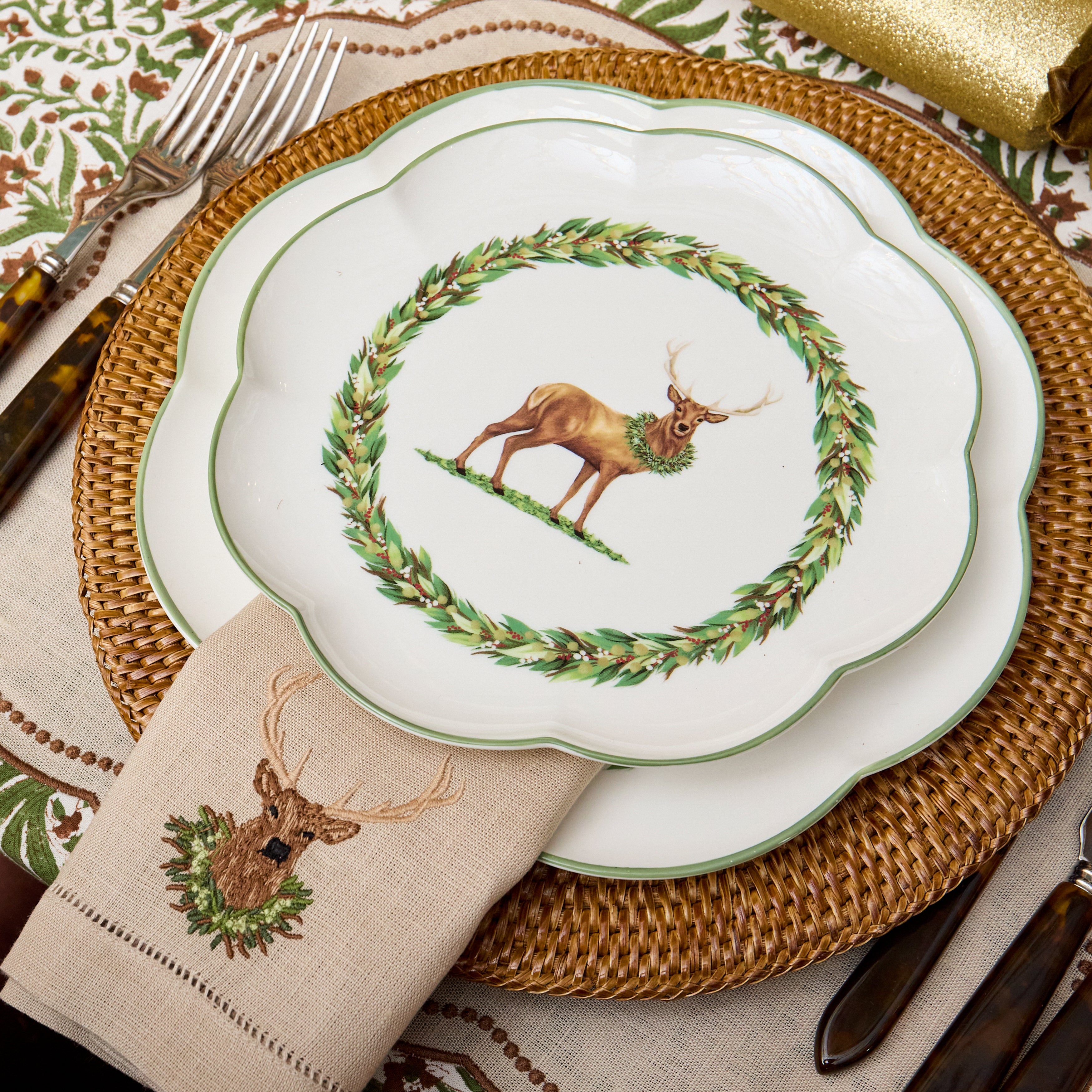 Taupe Stag Embroidered Linen Napkins (Set of 4)