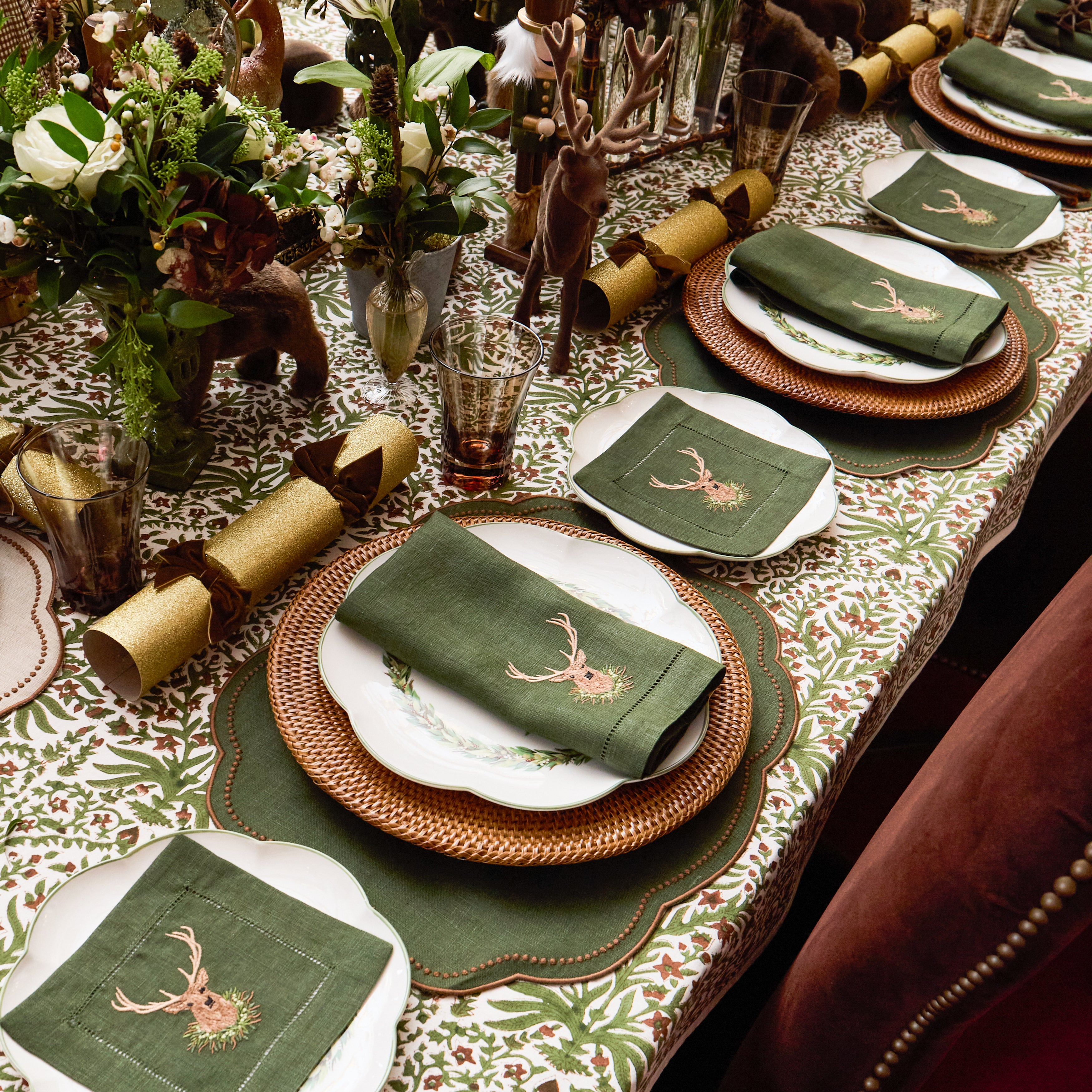 Forest Green Stag Embroidered Linen Cocktail Napkins (Set of 4)