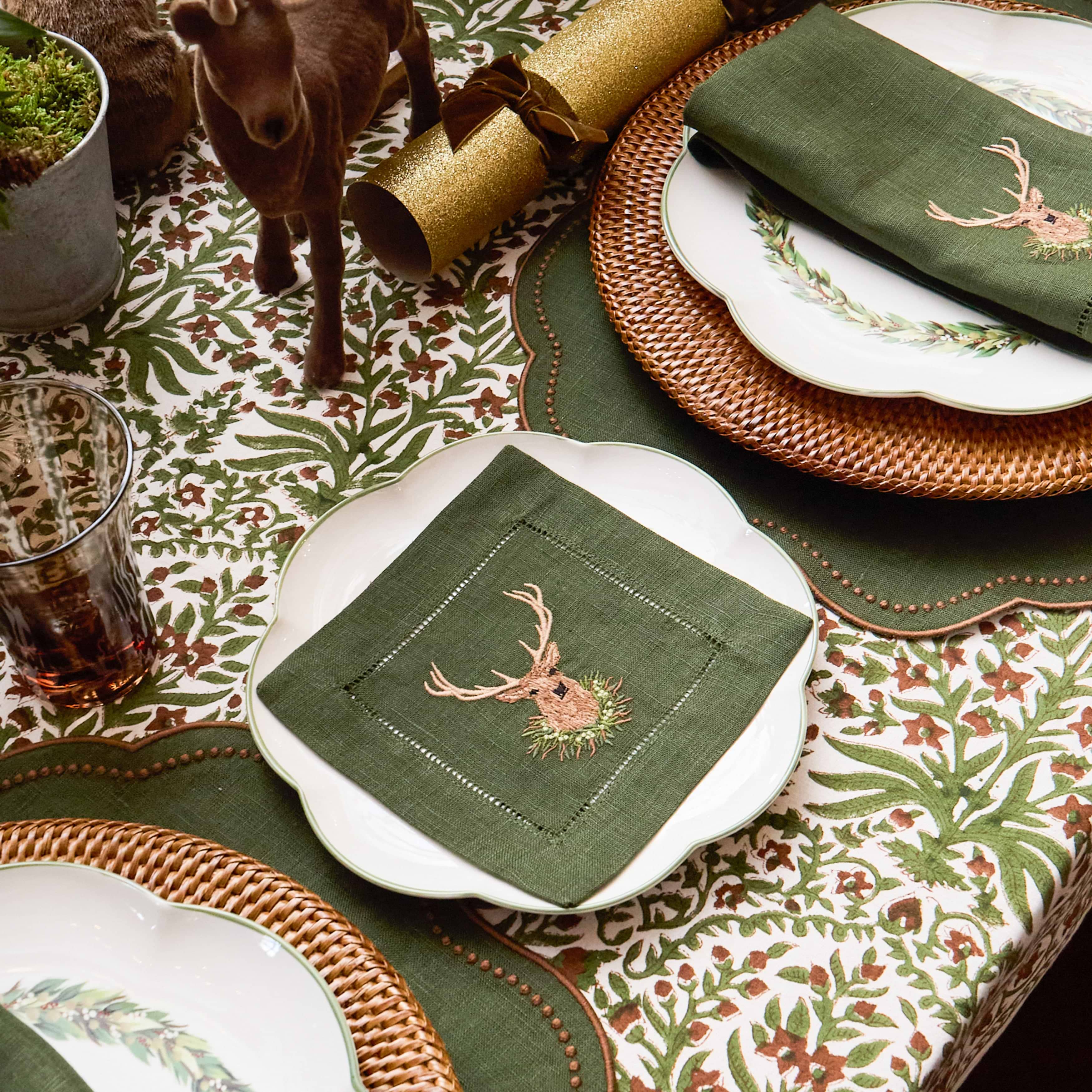 Forest Green Stag Embroidered Linen Cocktail Napkins (Set of 4)