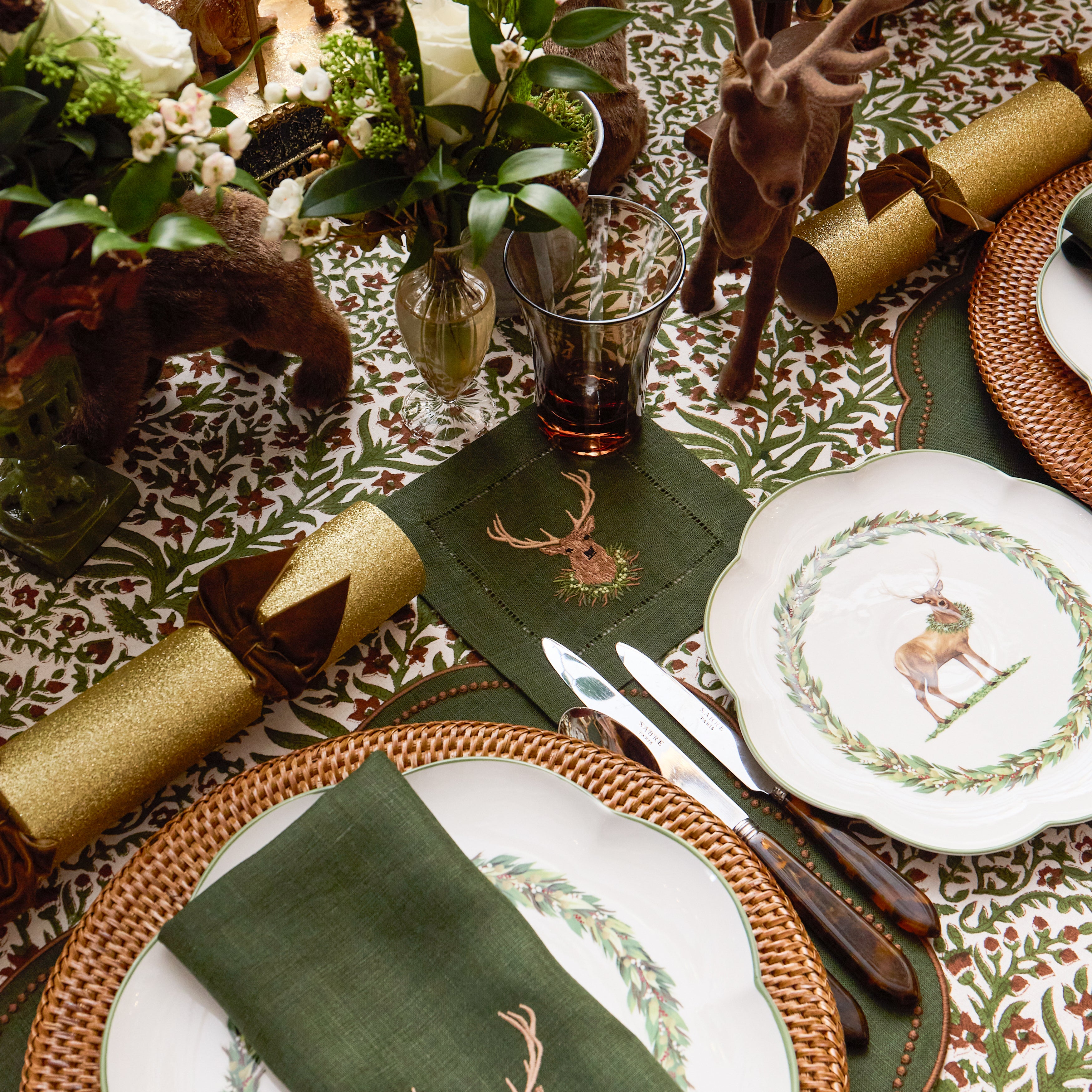 Forest Green Stag Embroidered Linen Cocktail Napkins (Set of 4)