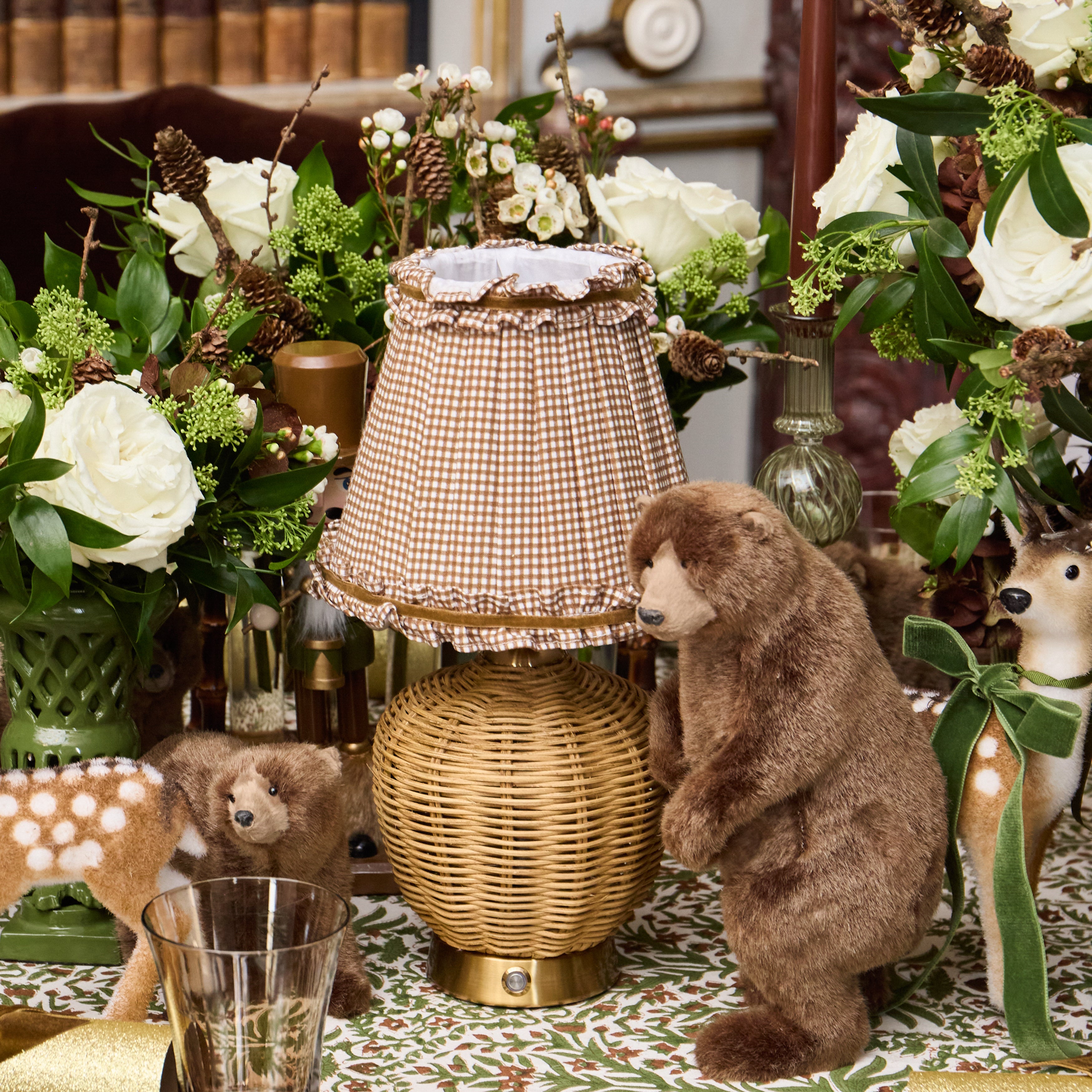 Rattan Ursula Rechargeable Lamp with Chocolate Gingham Shade (18cm)
