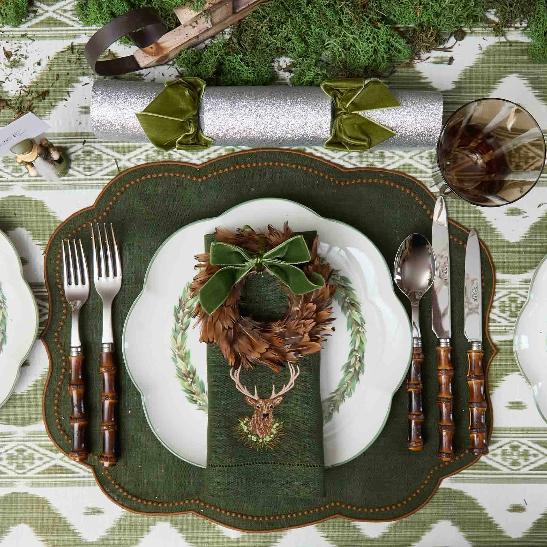 Feather Wreaths with Forest Green Velvet Bows (Set of 4)