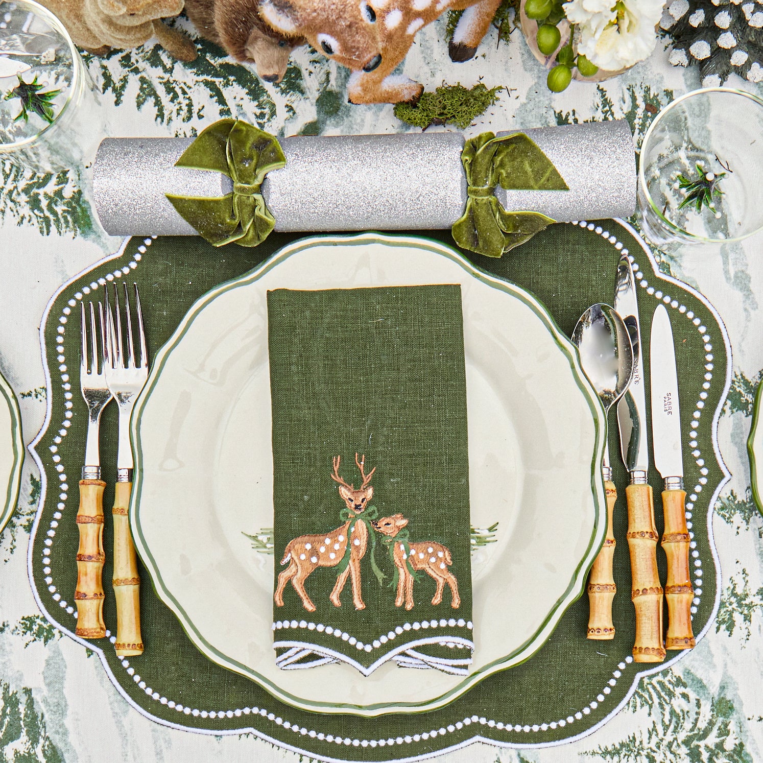 Forest Green Eloise Placemats & Deer Napkins (Set of 8)