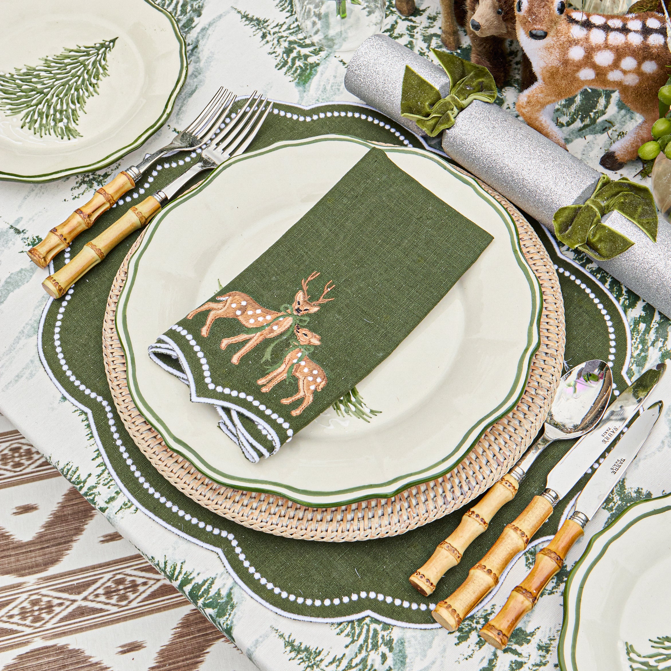 Forest Green Eloise Placemats & Deer Napkins (Set of 8)